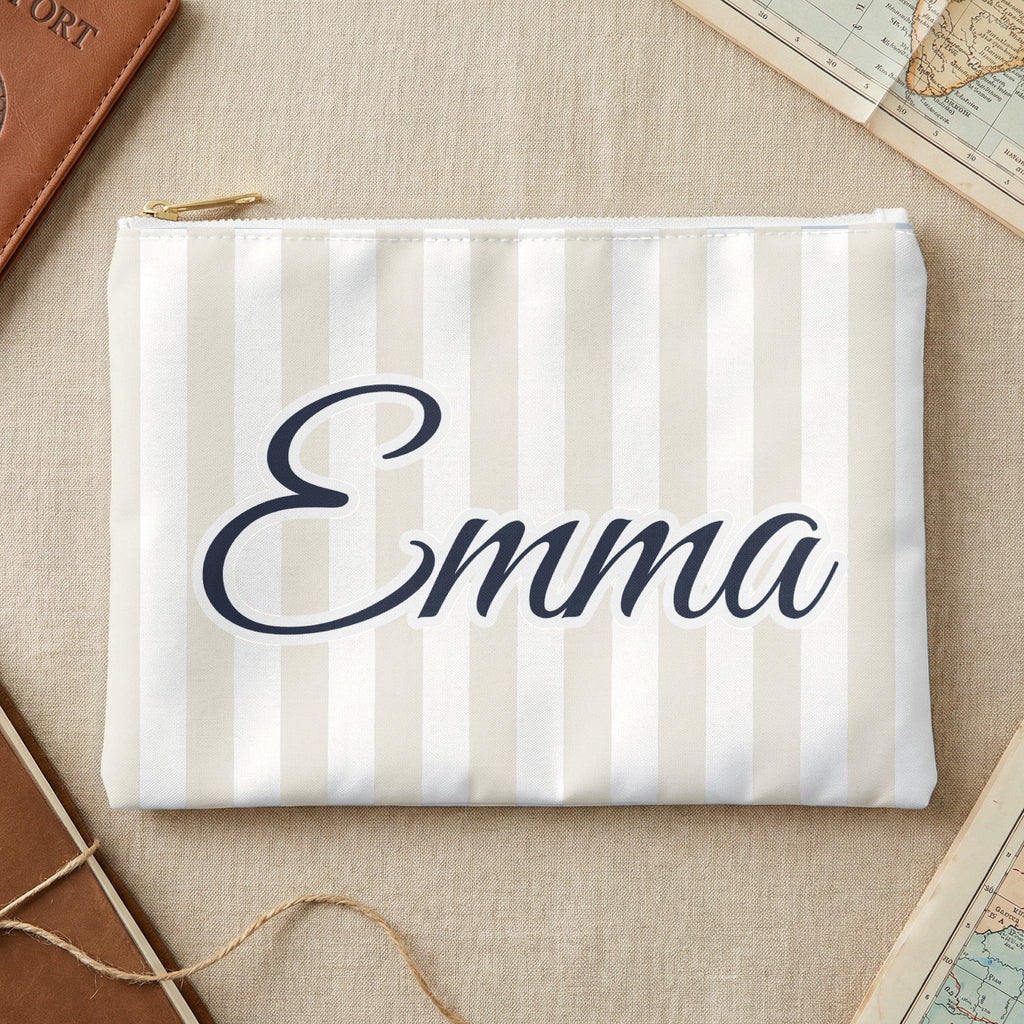 Last Toast On The Coast name pouch, Small, Bride: white stripes with the design in navy