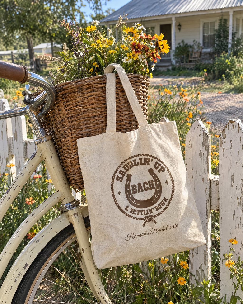 Saddlin' Up & Settlin' Down canvas tote bag on a bachelorette trip with the crew