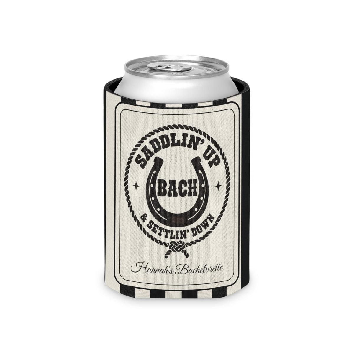 Saddlin' Up & Settlin' Down striped can cooler, Black