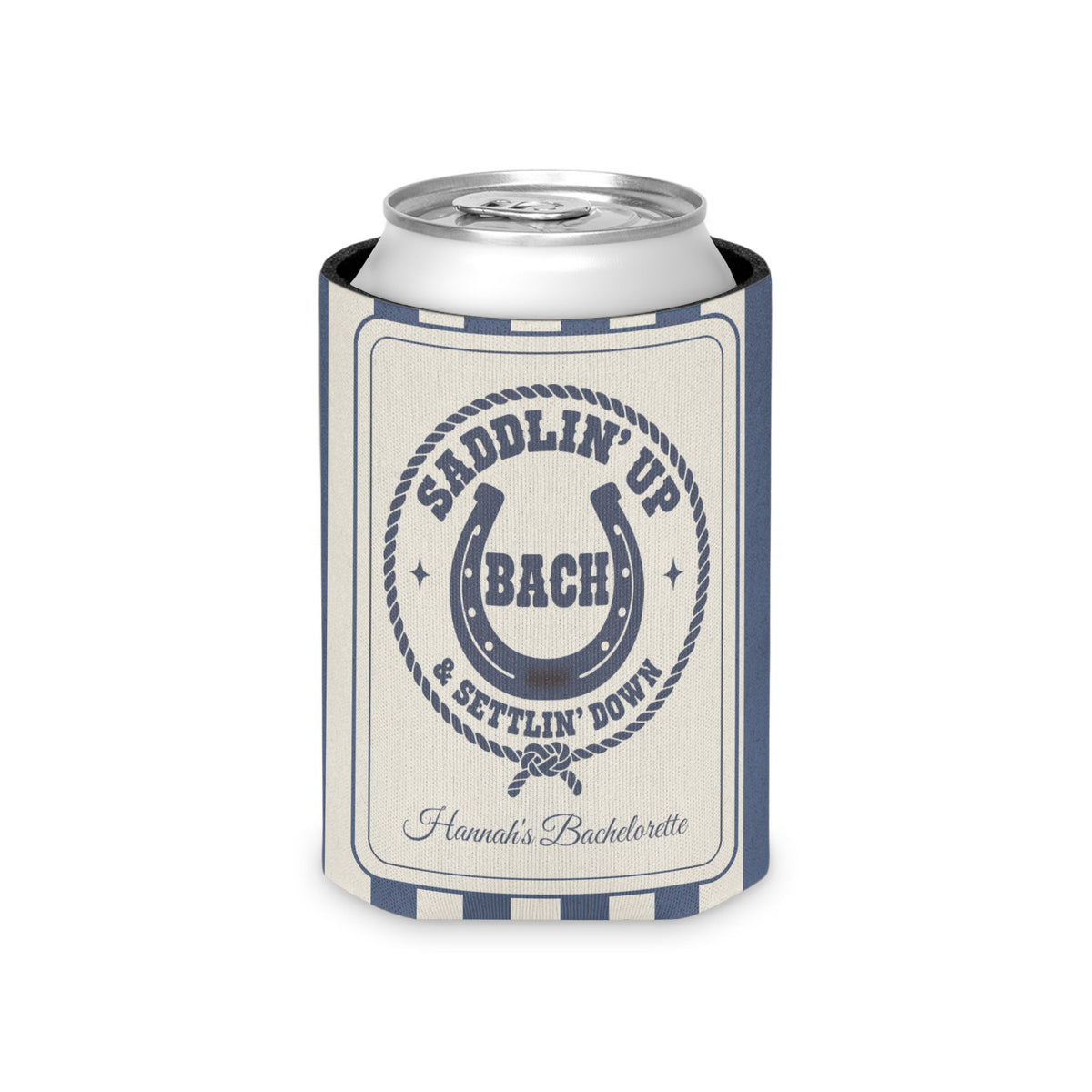 Saddlin' Up & Settlin' Down striped can cooler, Blue Jean