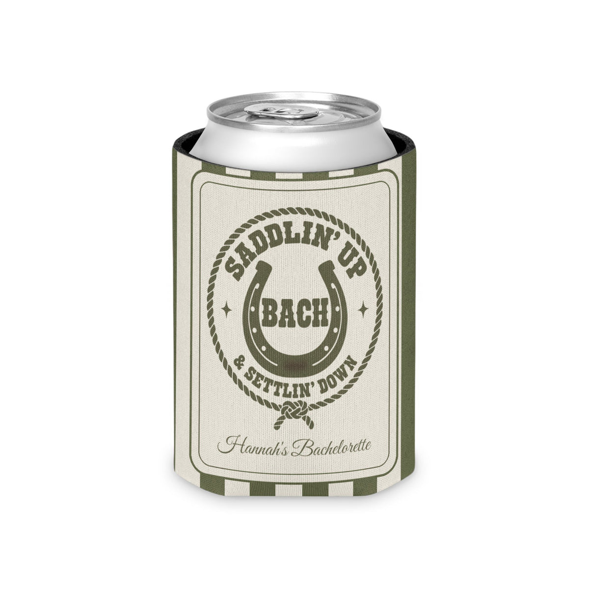 Saddlin' Up & Settlin' Down striped can cooler, Moss