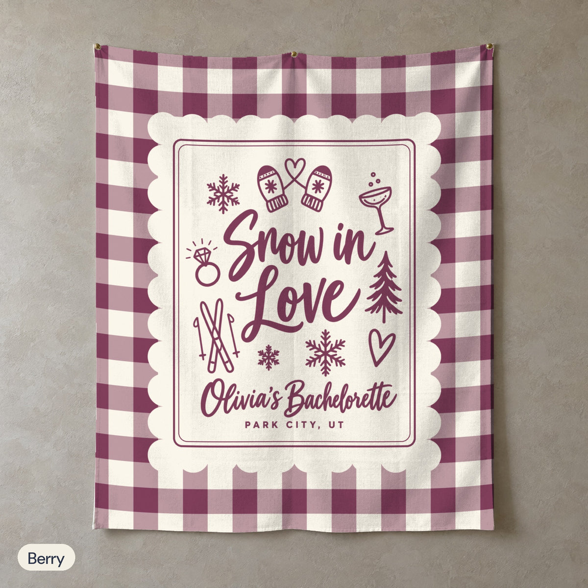 Snow In Love gingham scallop wall tapestry, Berry