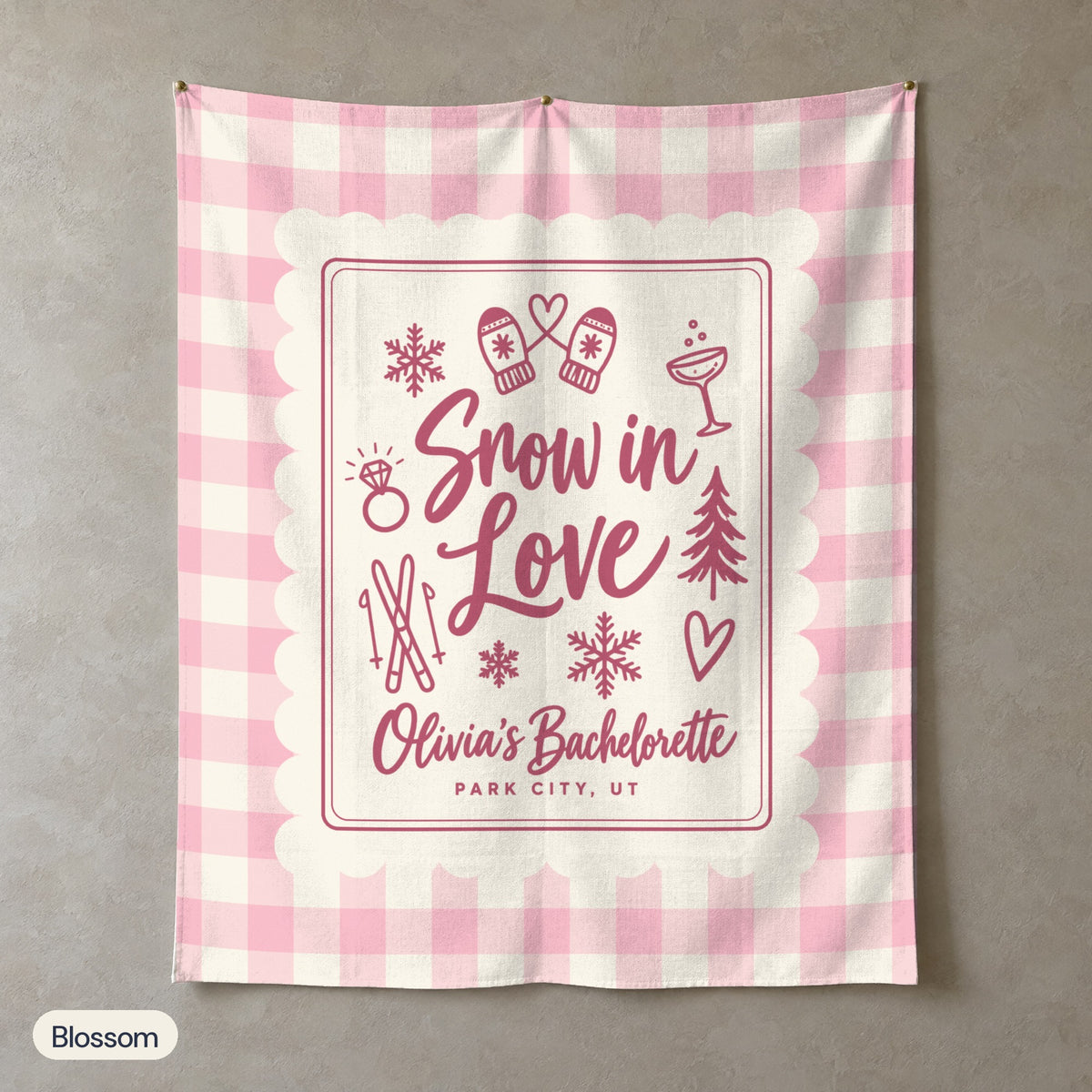 Snow In Love gingham scallop wall tapestry, Blossom