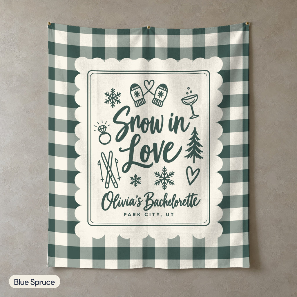Snow In Love gingham scallop wall tapestry, Blue Spruce