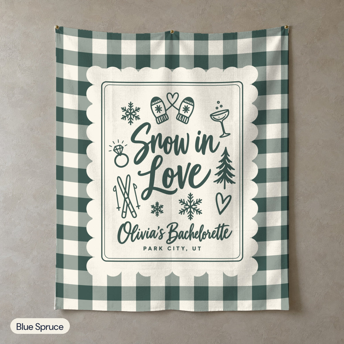 Snow In Love gingham scallop wall tapestry, Blue Spruce