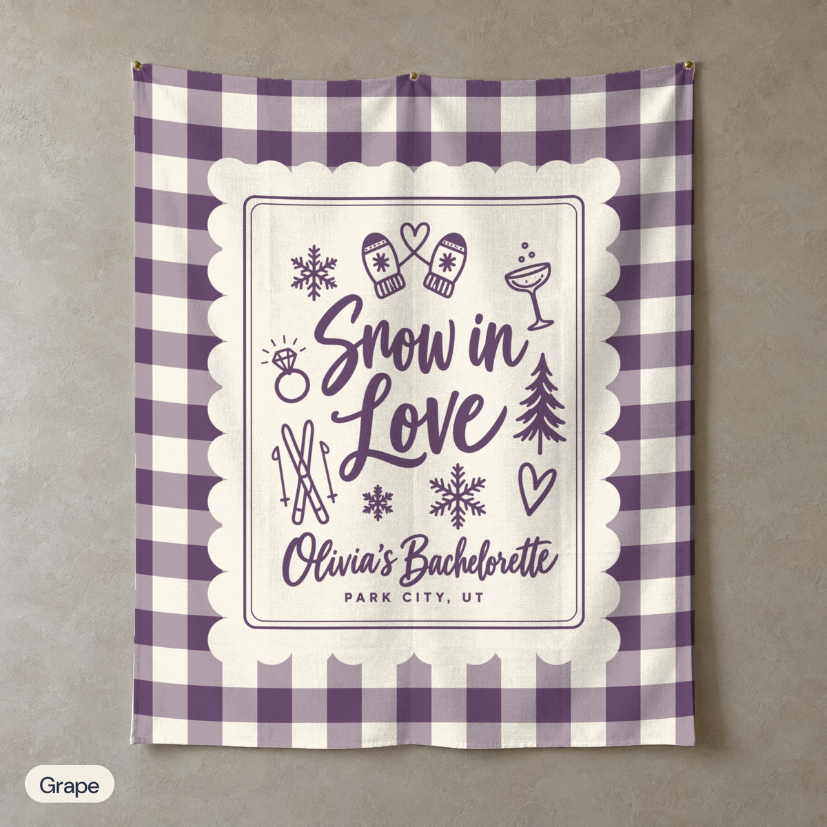 Snow In Love gingham scallop wall tapestry, Grape