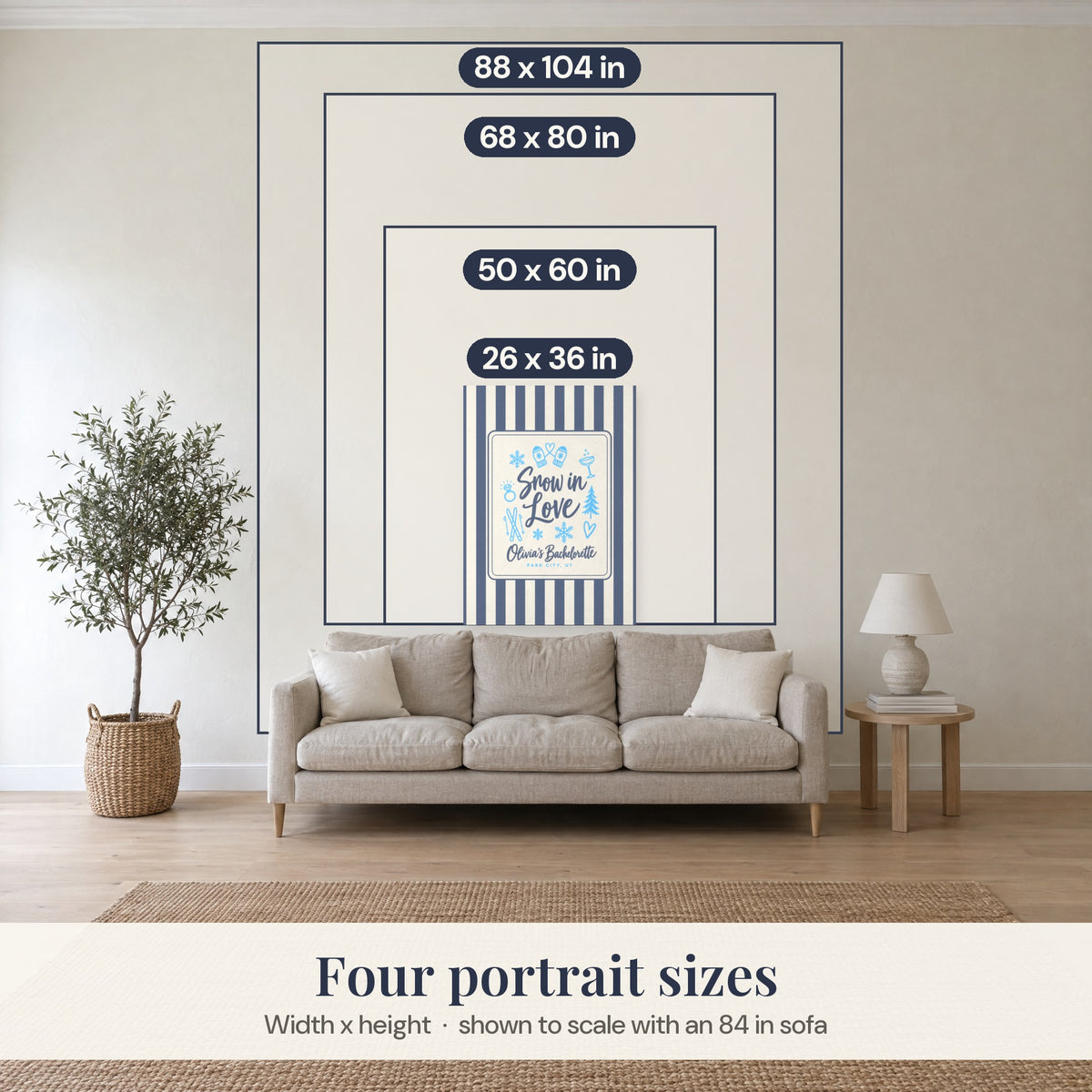 Portrait sizes over an 84 in sofa