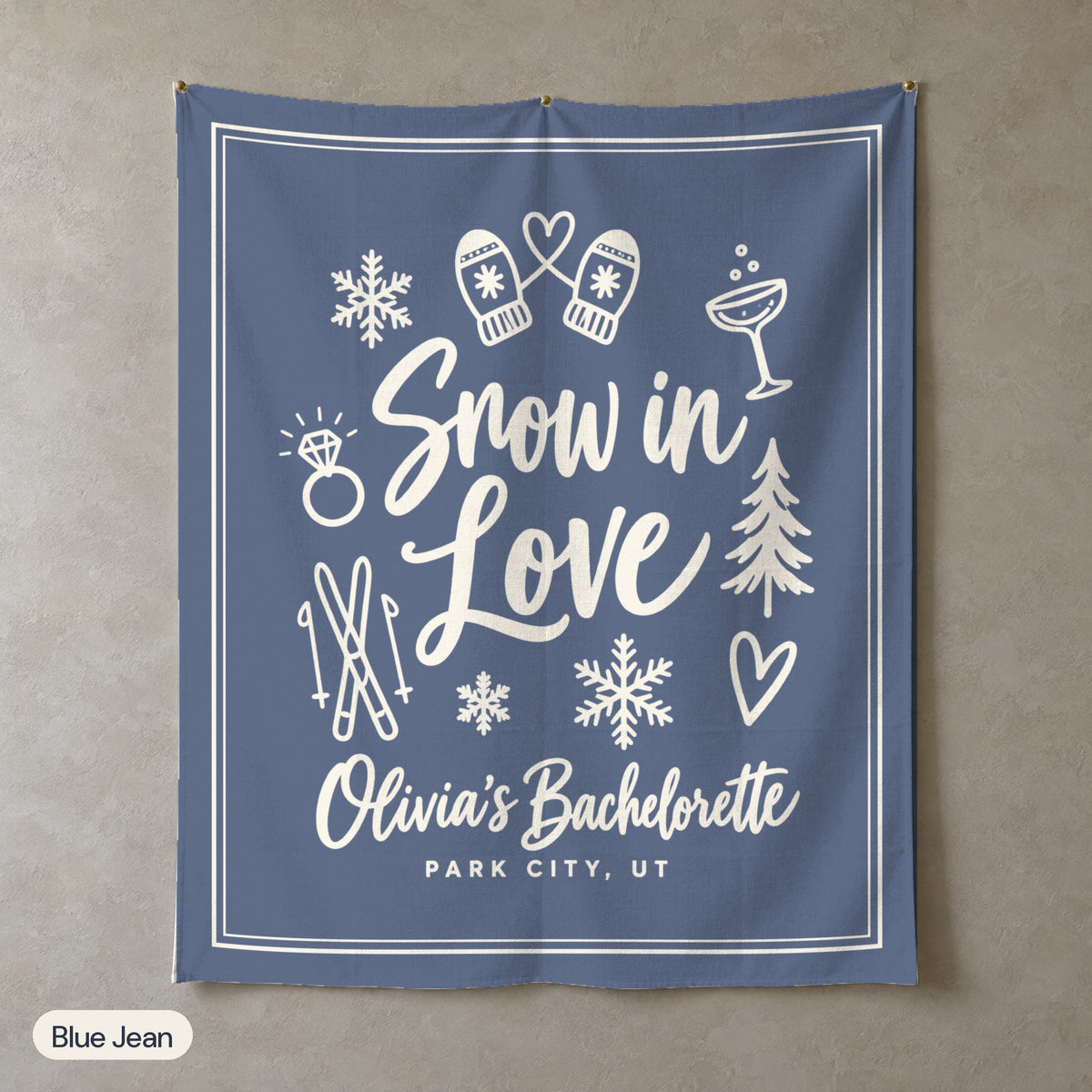 Snow In Love solid wall tapestry, Blue Jean