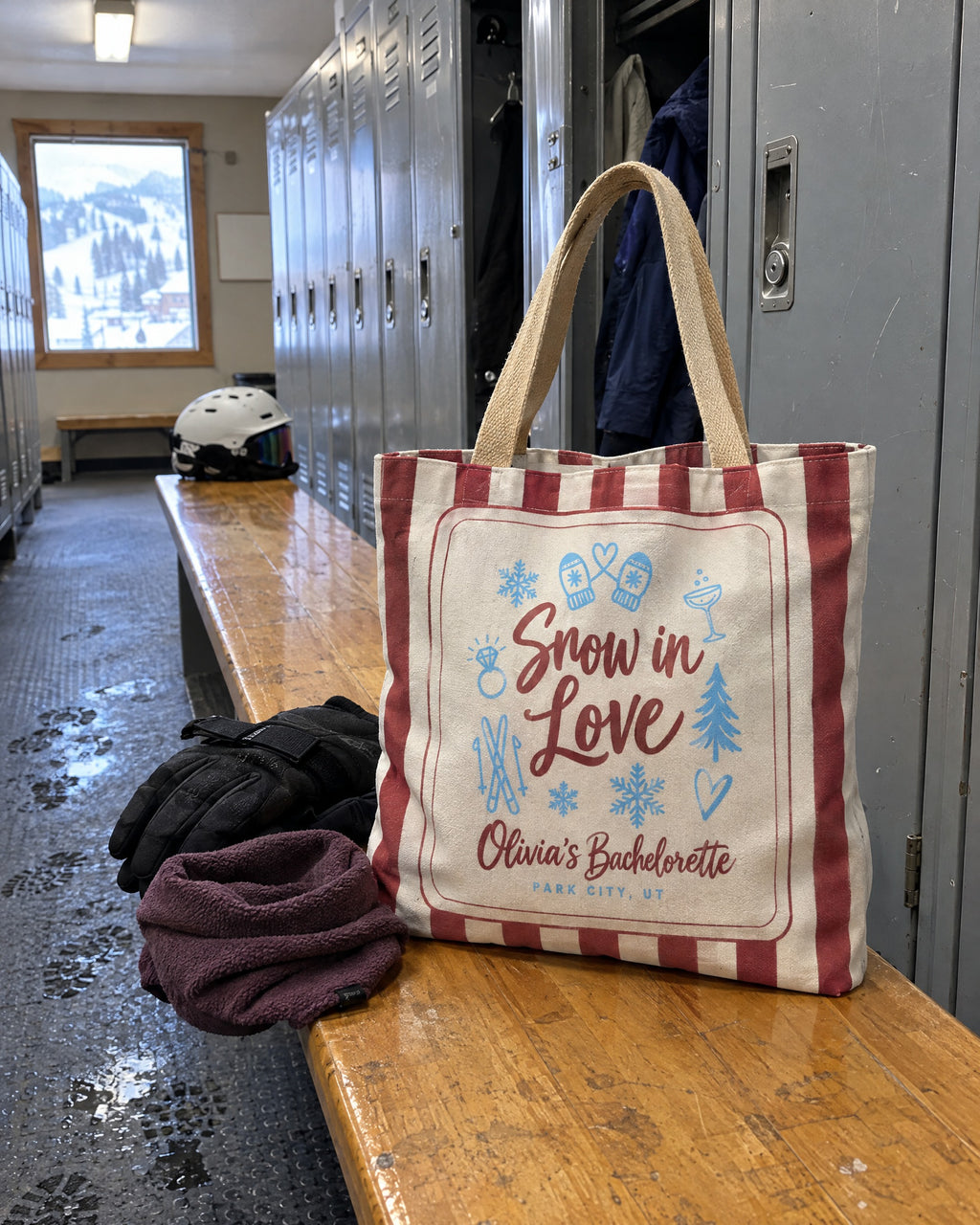Snow In Love striped tote bag on a bachelorette trip with the crew