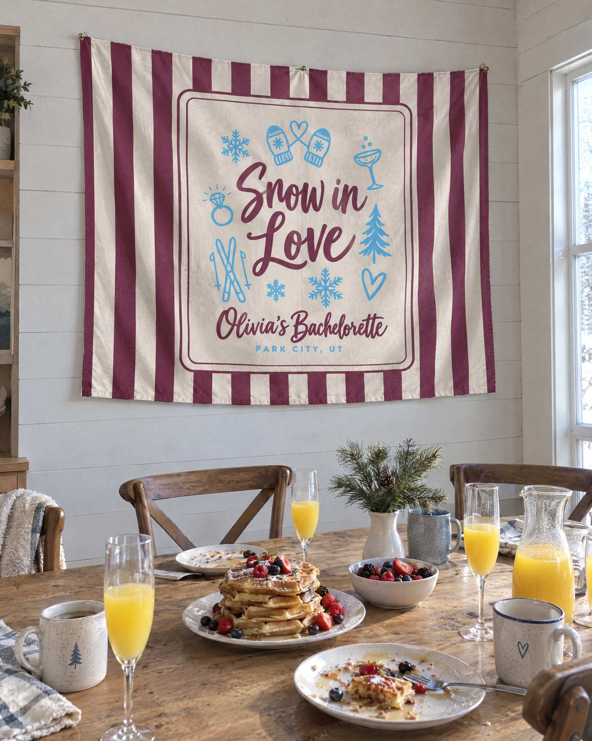 Snow In Love wall tapestry on a bachelorette trip with the crew