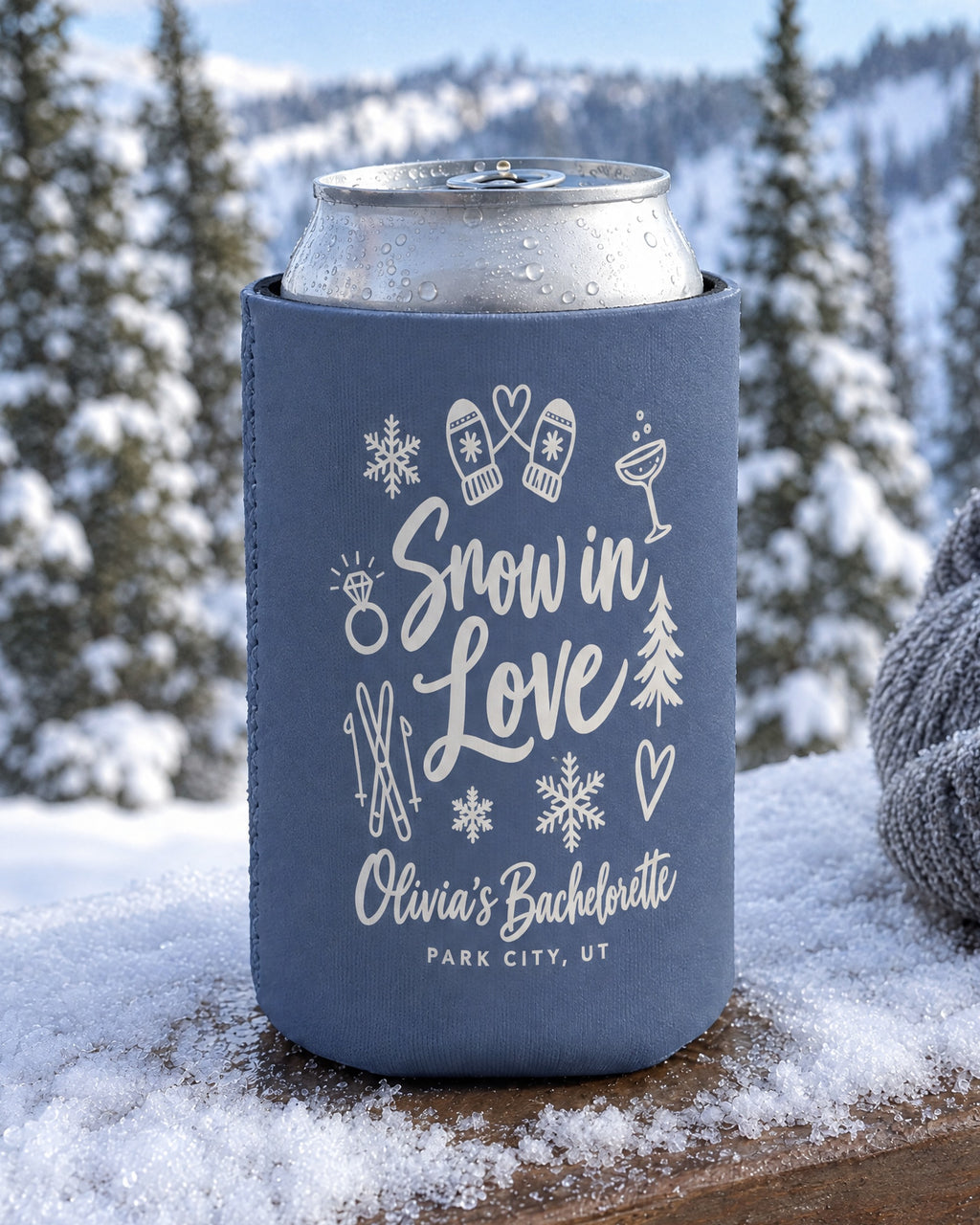 Snow In Love Solid Can Cooler in use, Snow In Love bachelorette weekend
