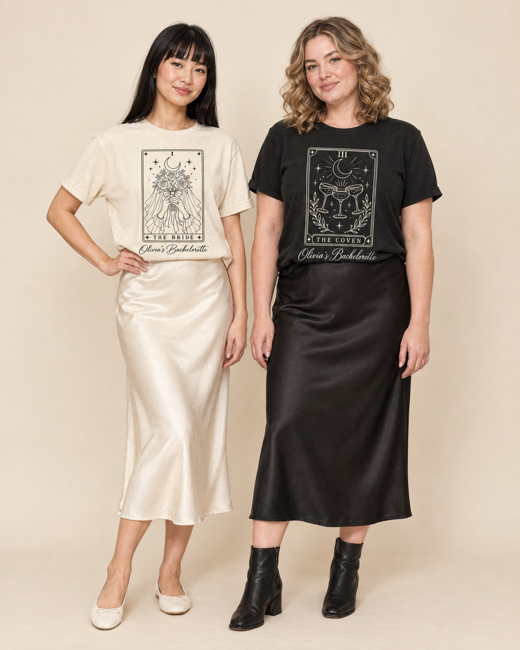 The Bride & Coven Tarot bride and crew shirts: Ivory bride shirt and Black crew shirt worn together