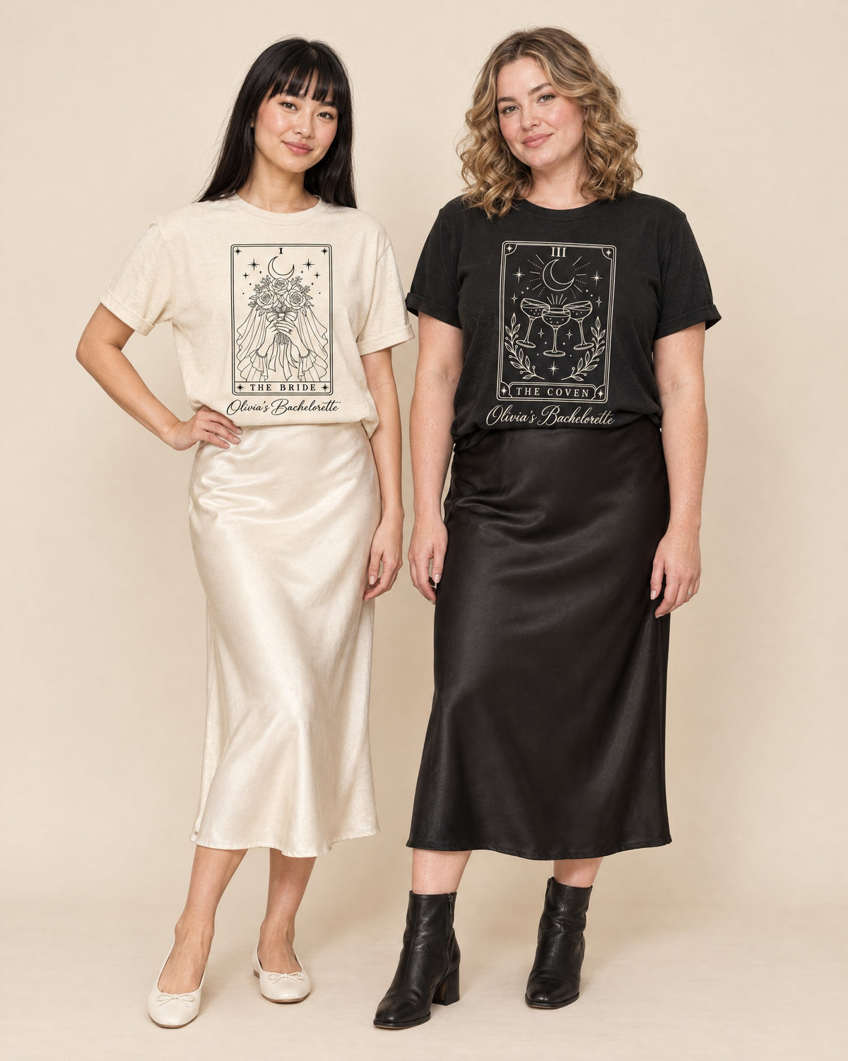 The Bride & Coven Tarot bride and crew shirts: Ivory bride shirt and Black crew shirt worn together