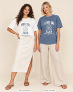 White bride shirt printed in Blue Jean next to a Blue Jean crew shirt printed in white, Apres Ski Club tees