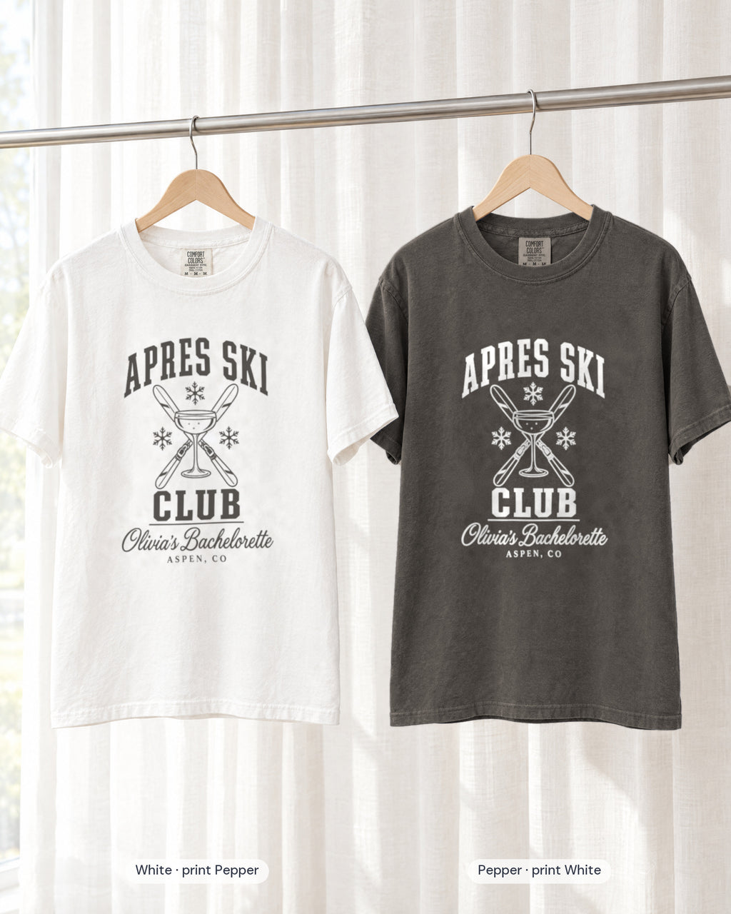 White bride shirt printed in Pepper next to a Pepper crew shirt printed in white, Apres Ski Club tees