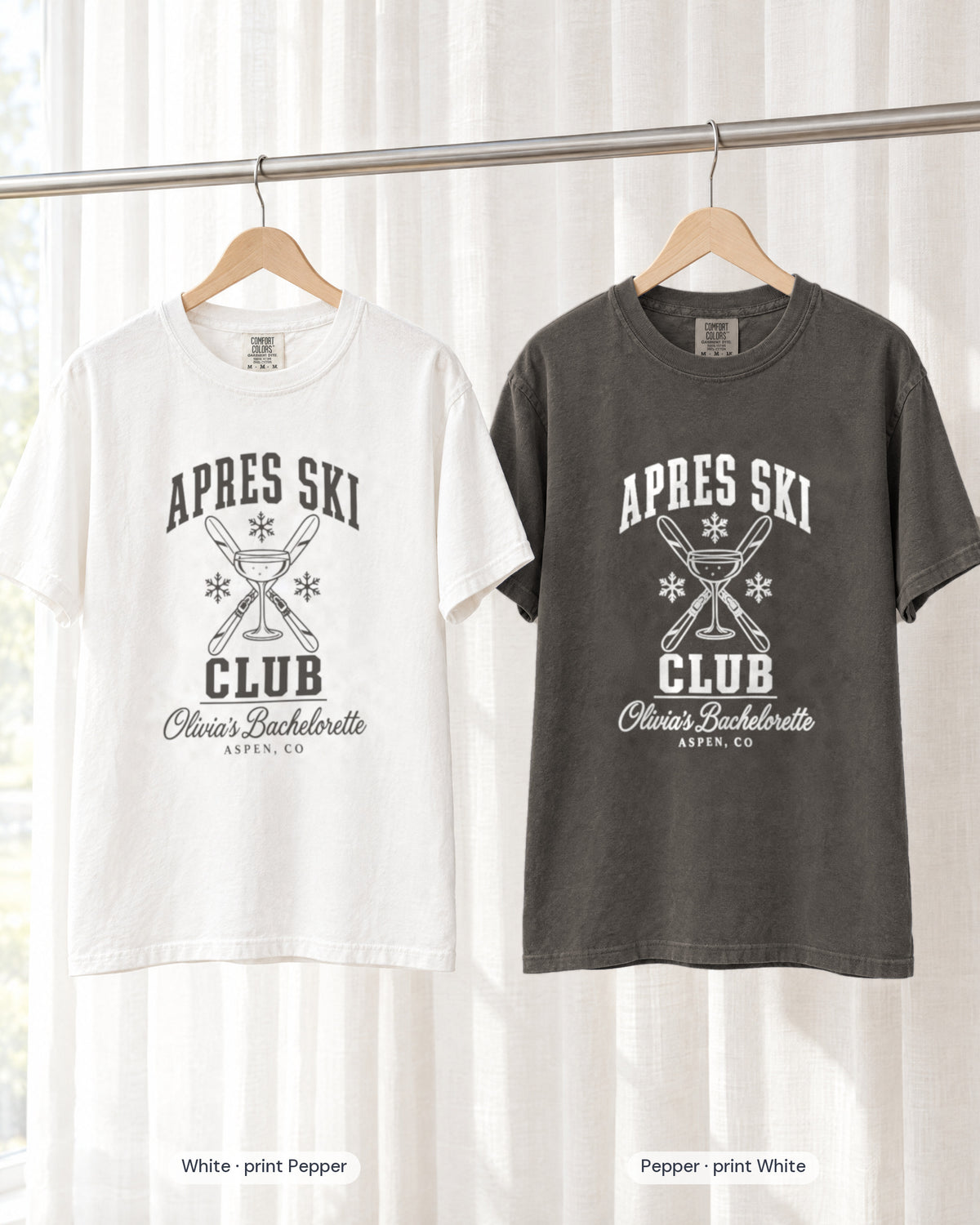 White bride shirt printed in Pepper next to a Pepper crew shirt printed in white, Apres Ski Club tees