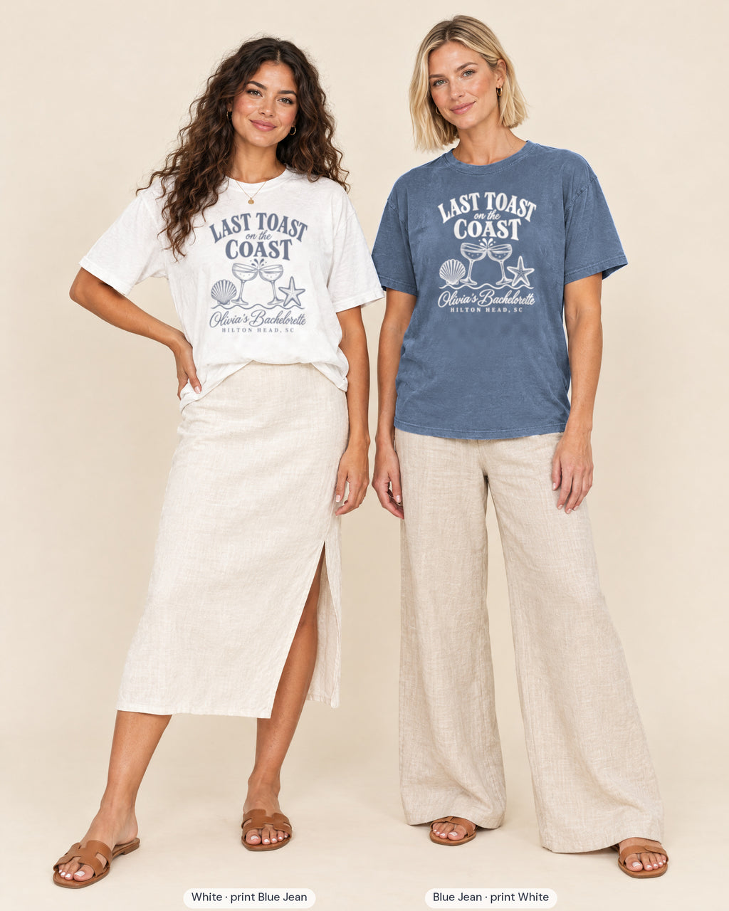 Bride in White printed in Blue Jean and crew in Blue Jean printed in white, Last Toast on the Coast tees