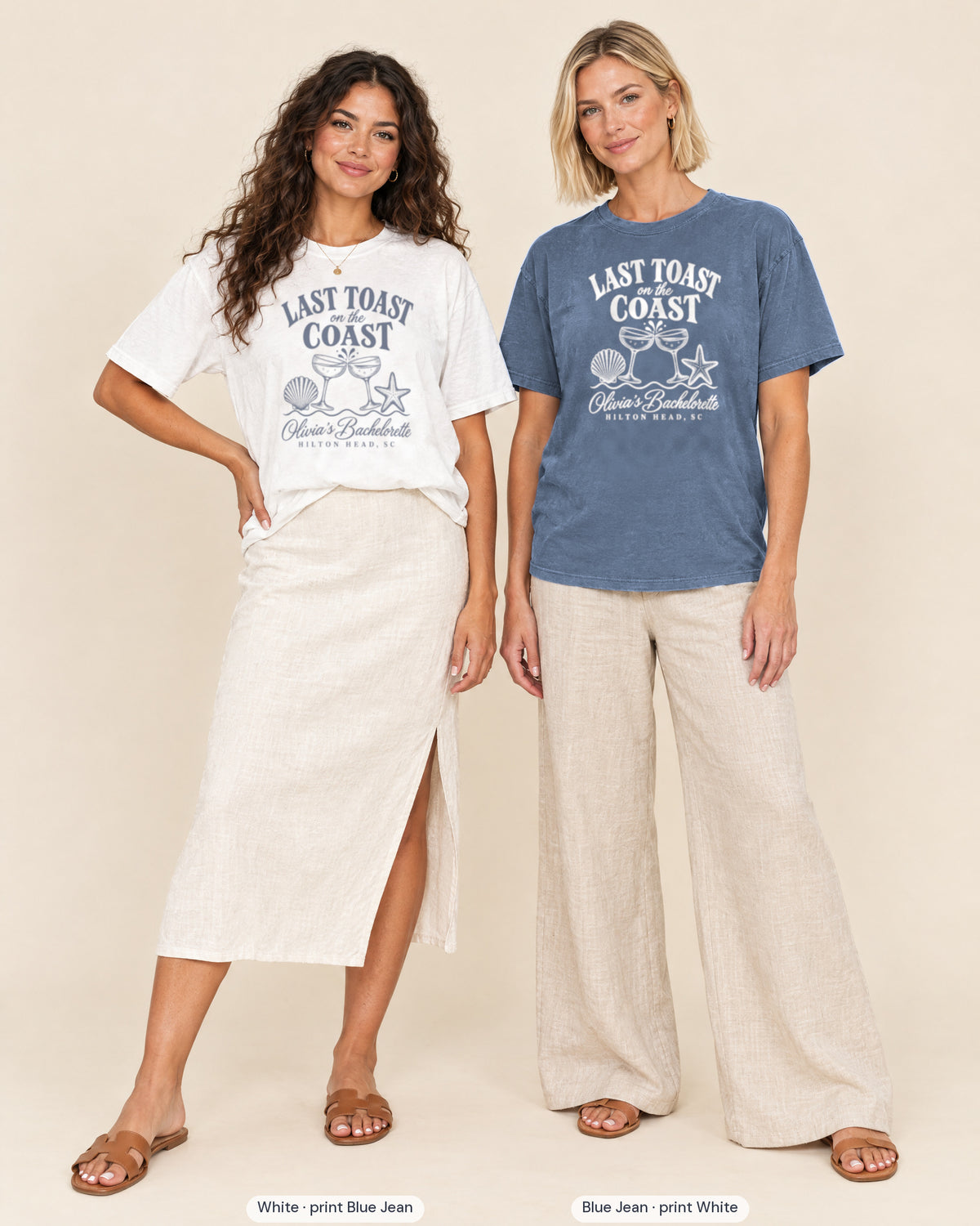 Bride in White printed in Blue Jean and crew in Blue Jean printed in white, Last Toast on the Coast tees