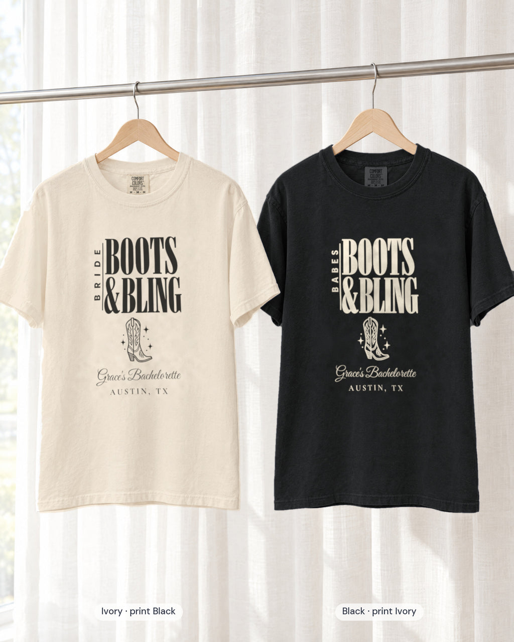 Ivory bride shirt printed in Black next to a Black crew shirt printed in ivory, Boots & Bling tees