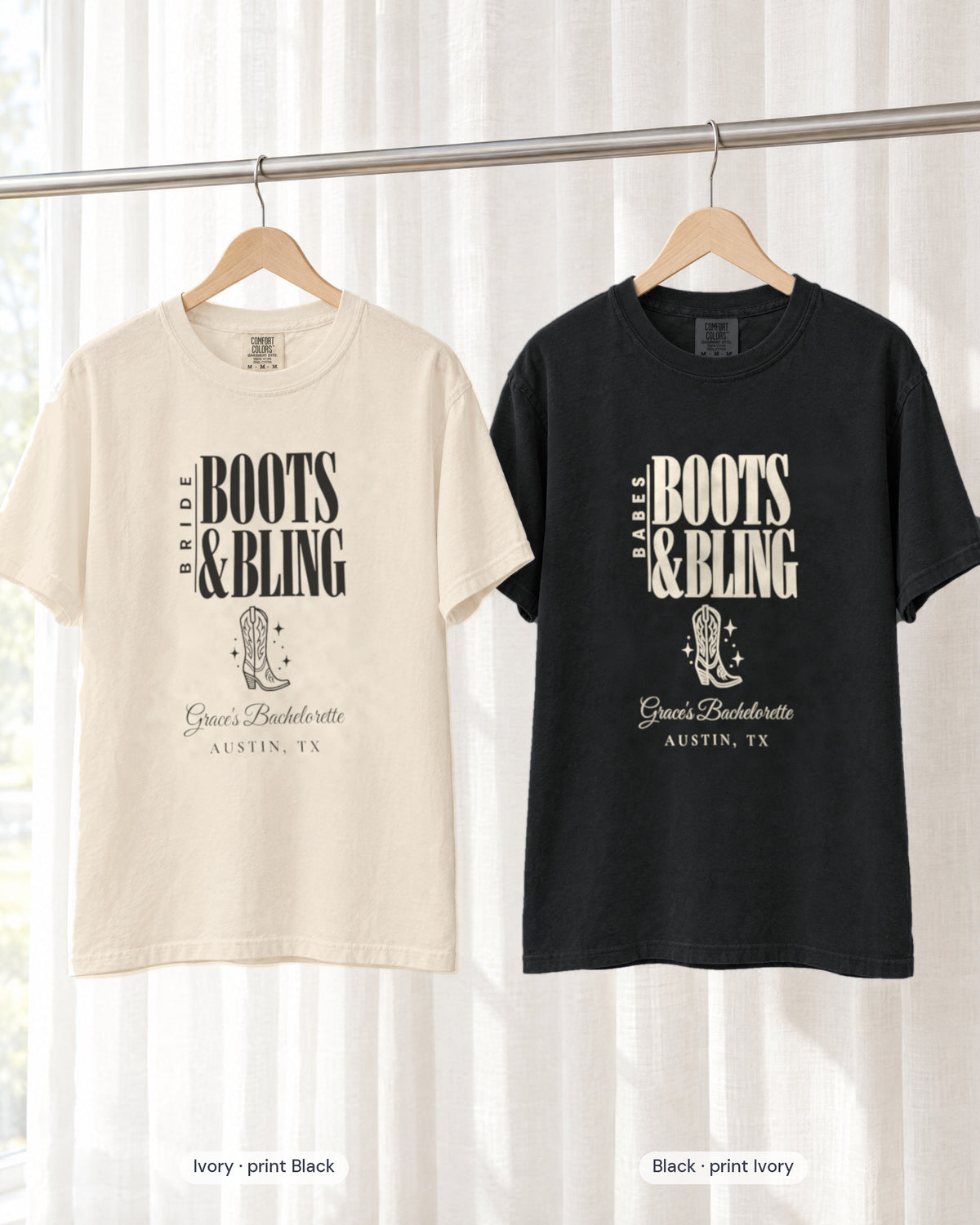 Ivory bride shirt printed in Black next to a Black crew shirt printed in ivory, Boots & Bling tees