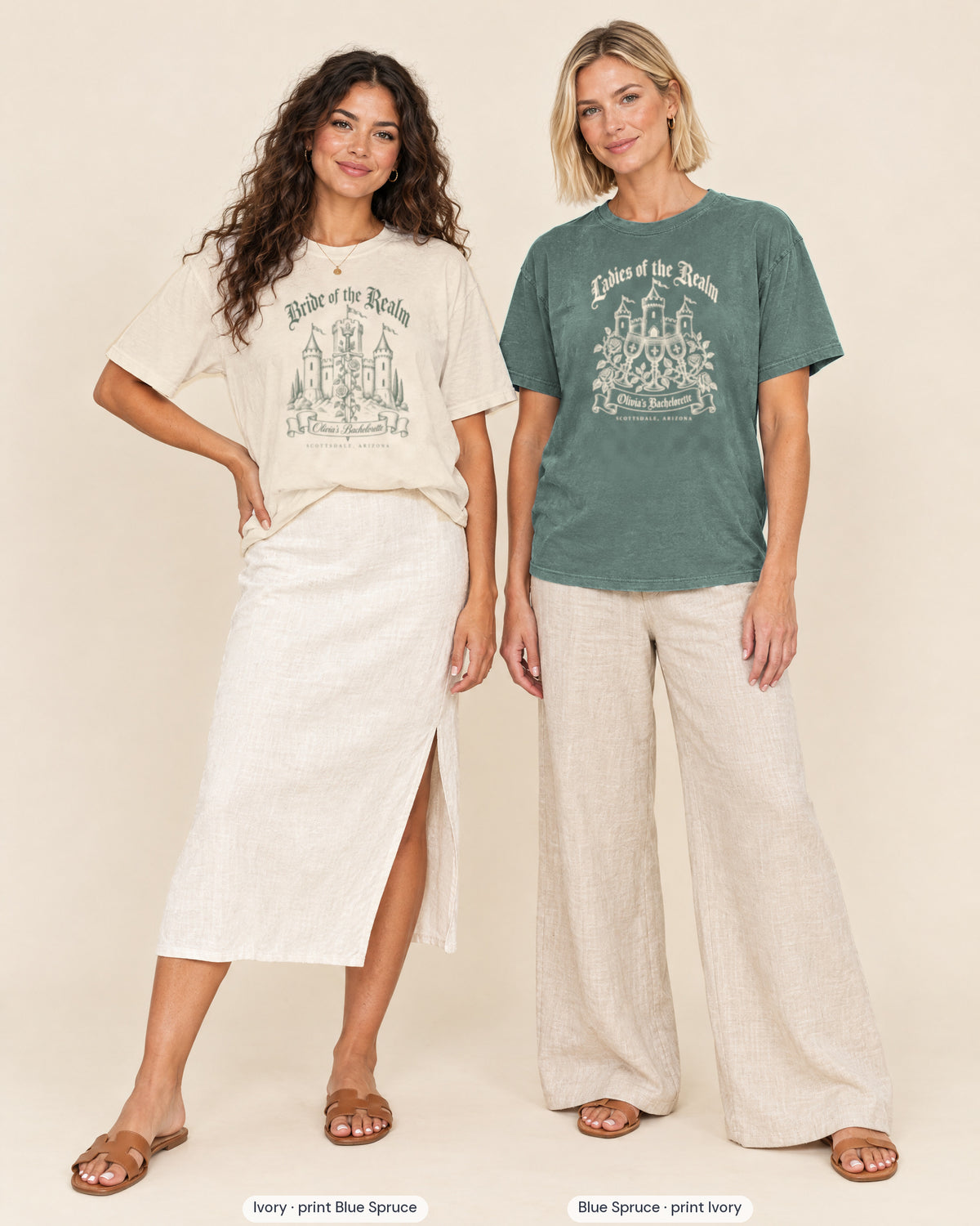 Ivory bride shirt printed in Blue Spruce next to a Blue Spruce crew shirt printed in ivory, Bride & Ladies Of The Realm tees