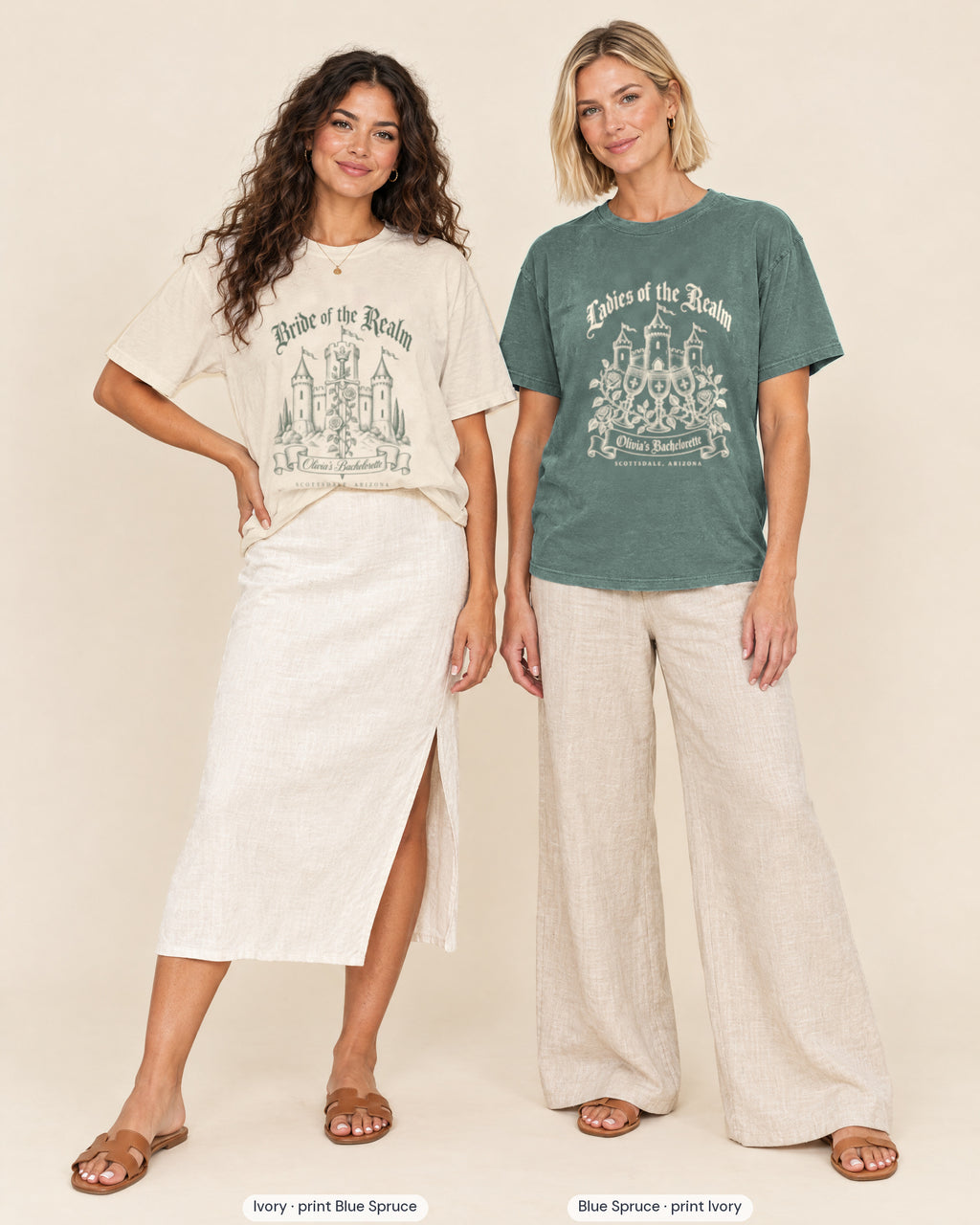 Ivory bride shirt printed in Blue Spruce next to a Blue Spruce crew shirt printed in ivory, Bride & Ladies Of The Realm tees