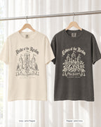Ivory bride shirt printed in Pepper next to a Pepper crew shirt printed in ivory, Bride & Ladies Of The Realm tees