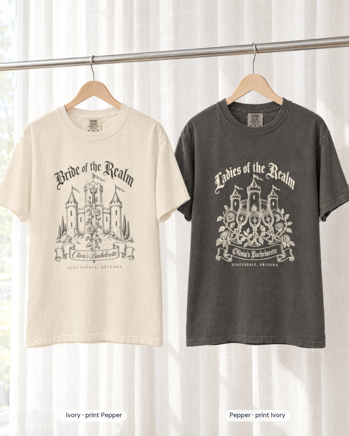 Ivory bride shirt printed in Pepper next to a Pepper crew shirt printed in ivory, Bride & Ladies Of The Realm tees