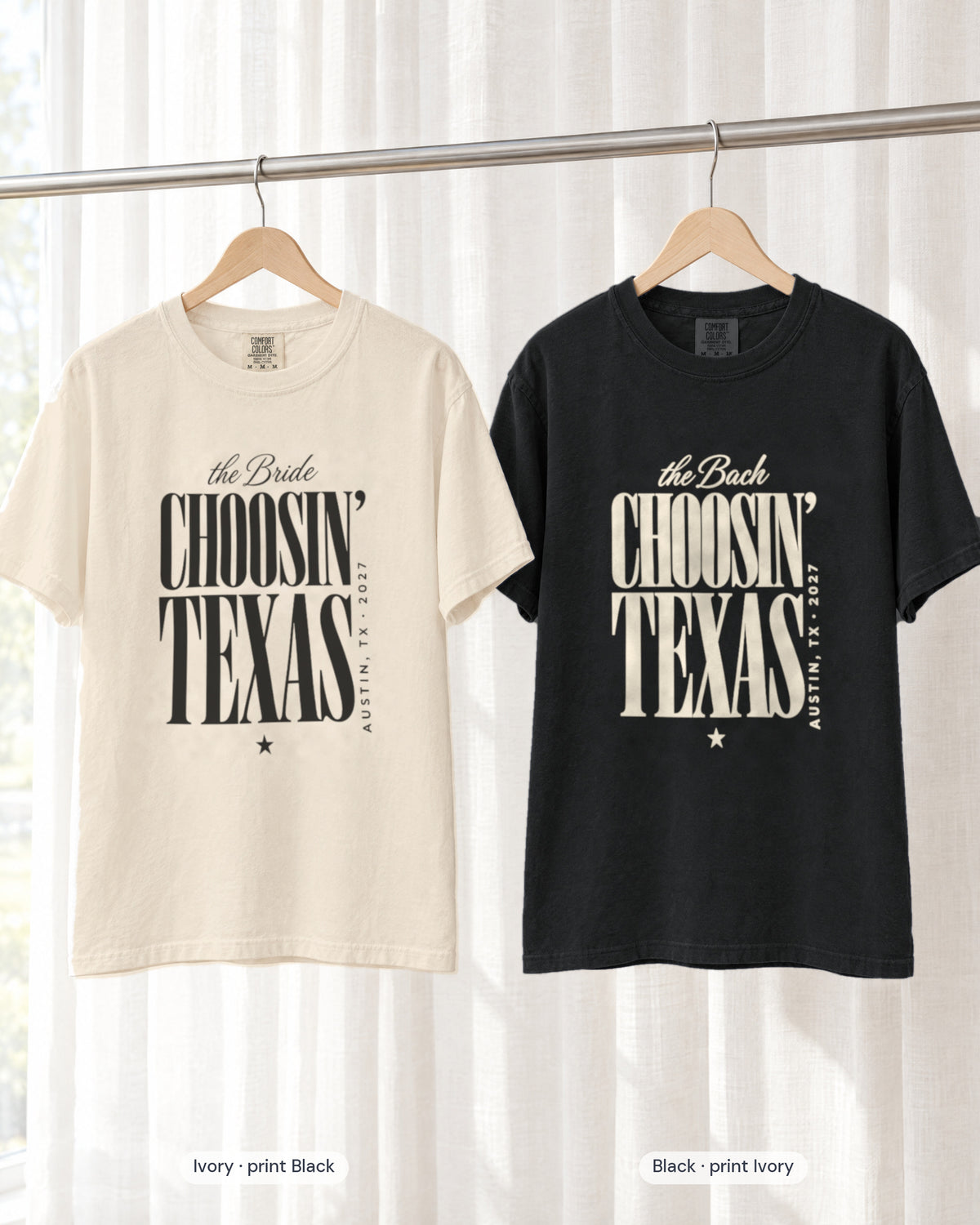 Ivory bride shirt printed in Black next to a Black crew shirt printed in ivory, Choosin' Texas tees
