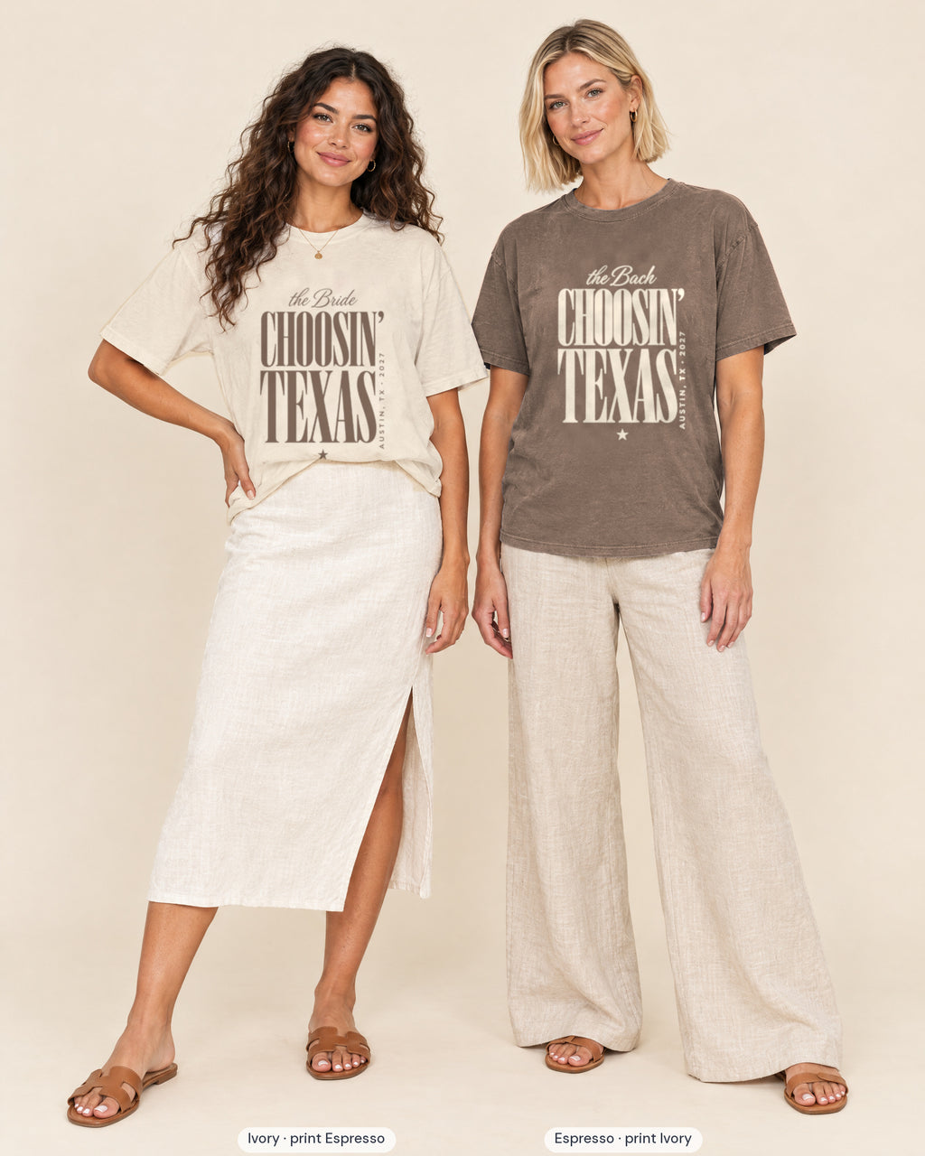 Ivory bride shirt printed in Espresso next to a Espresso crew shirt printed in ivory, Choosin' Texas tees