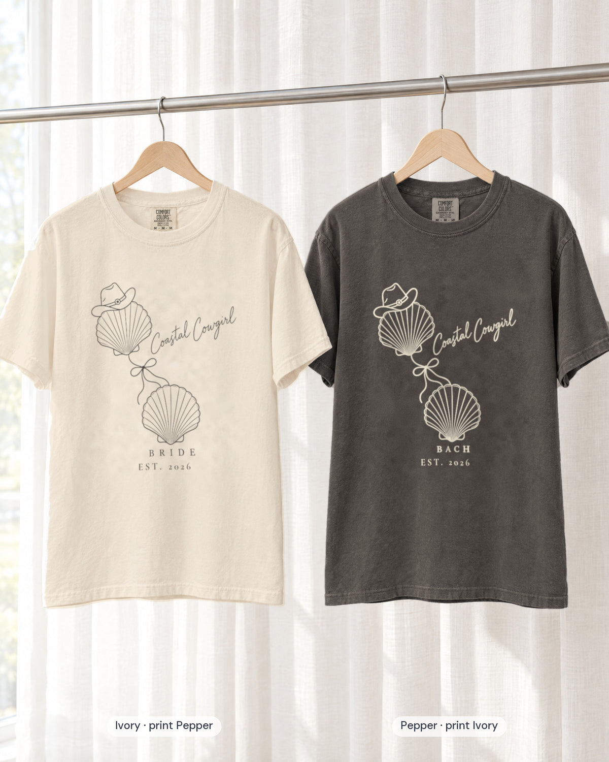 Ivory bride shirt printed in Pepper next to a Pepper crew shirt printed in ivory, Coastal Cowgirl tees