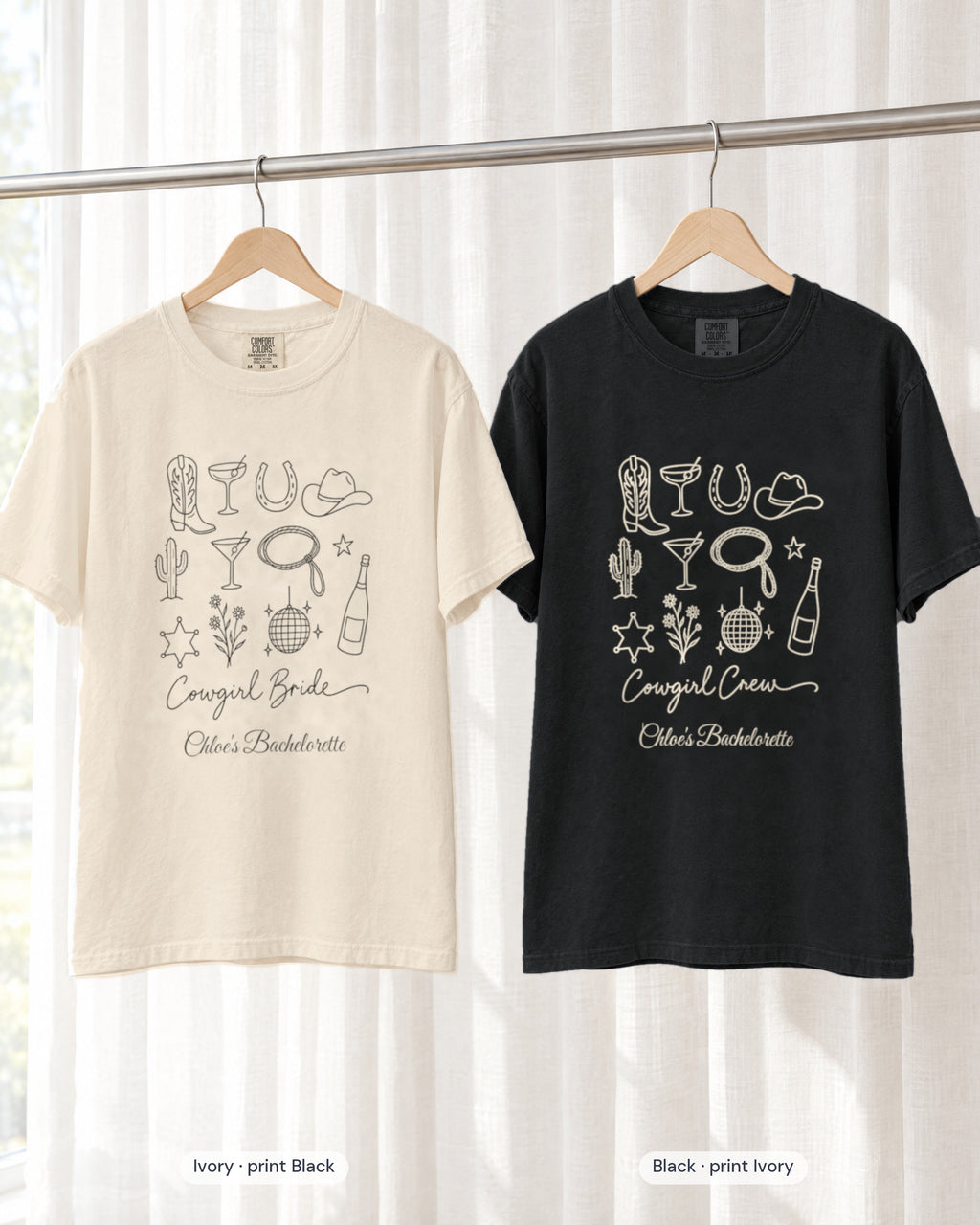 Ivory bride shirt printed in Black next to a Black crew shirt printed in ivory, Cowgirl Bride & Cowgirl Crew tees