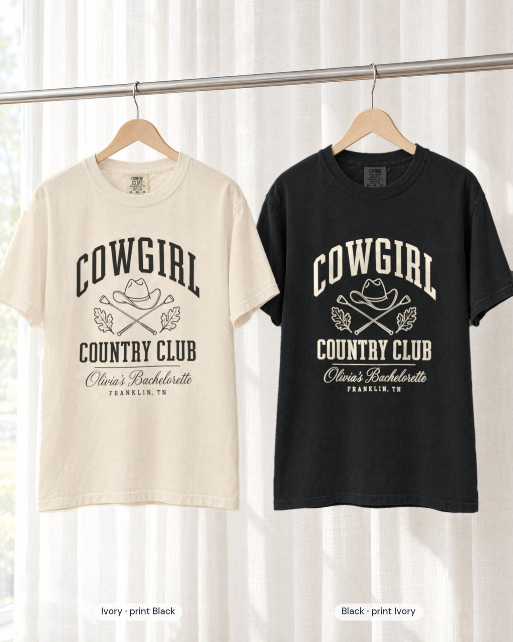 Ivory bride shirt printed in Black next to a Black crew shirt printed in ivory, Cowgirl Country Club tees