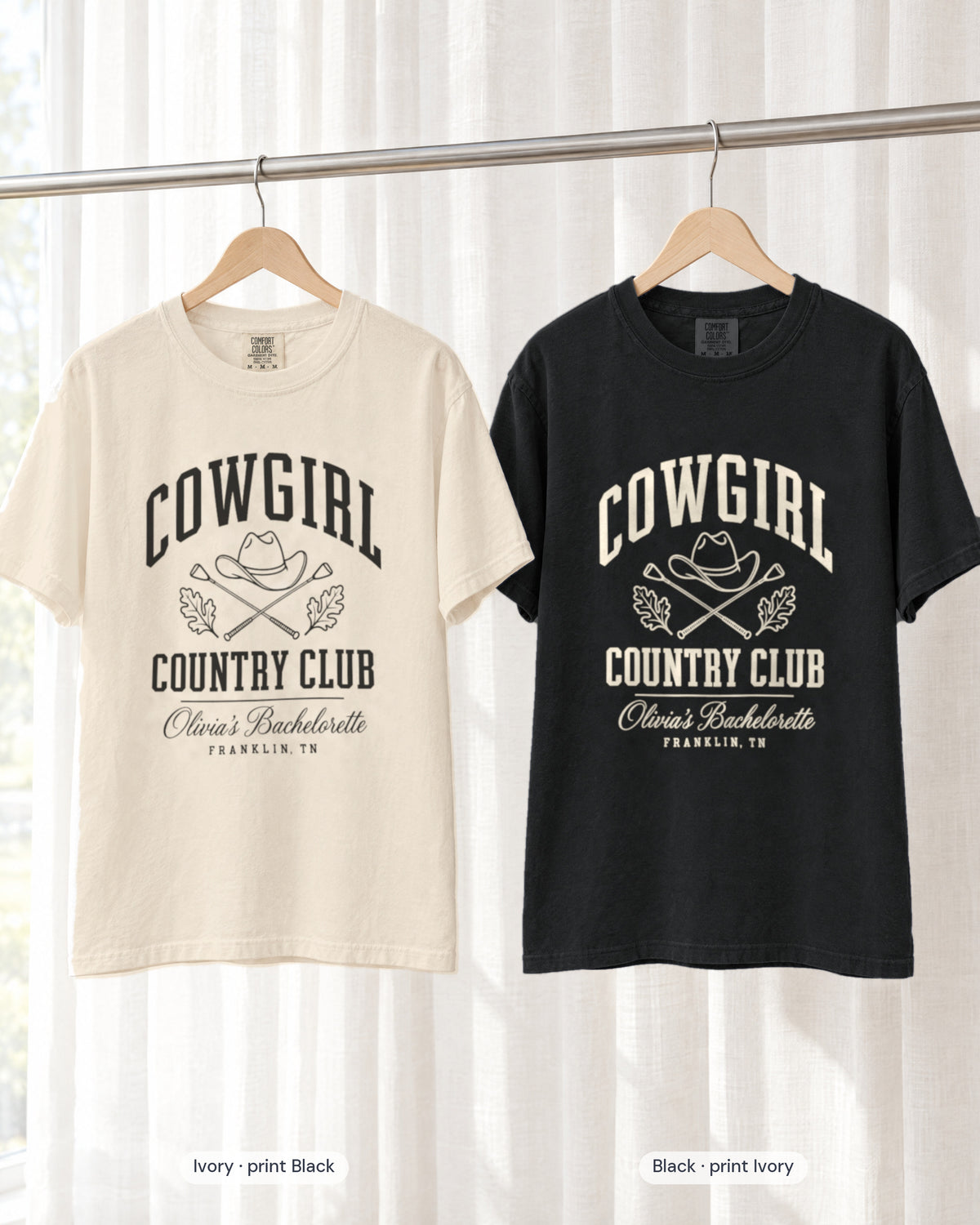 Ivory bride shirt printed in Black next to a Black crew shirt printed in ivory, Cowgirl Country Club tees