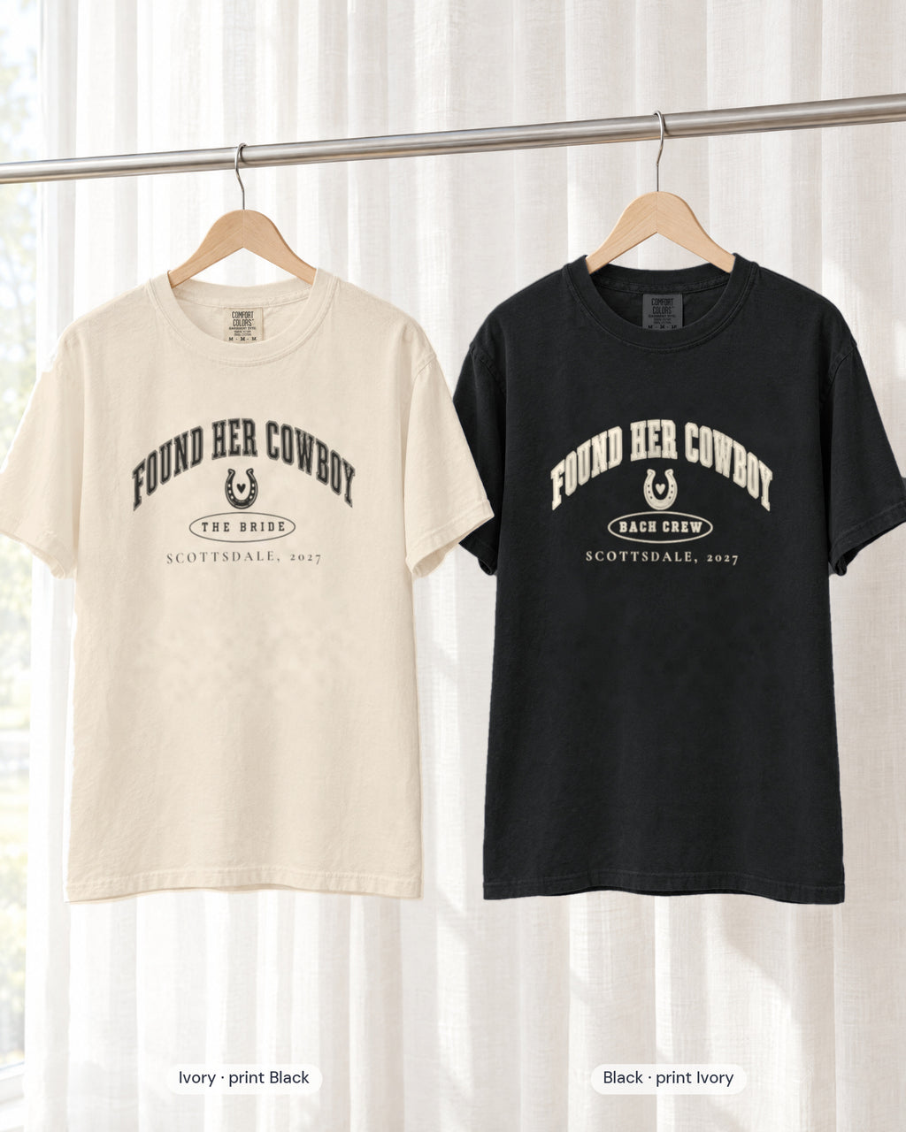 Ivory bride shirt printed in Black next to a Black crew shirt printed in ivory, Found Her Cowboy tees