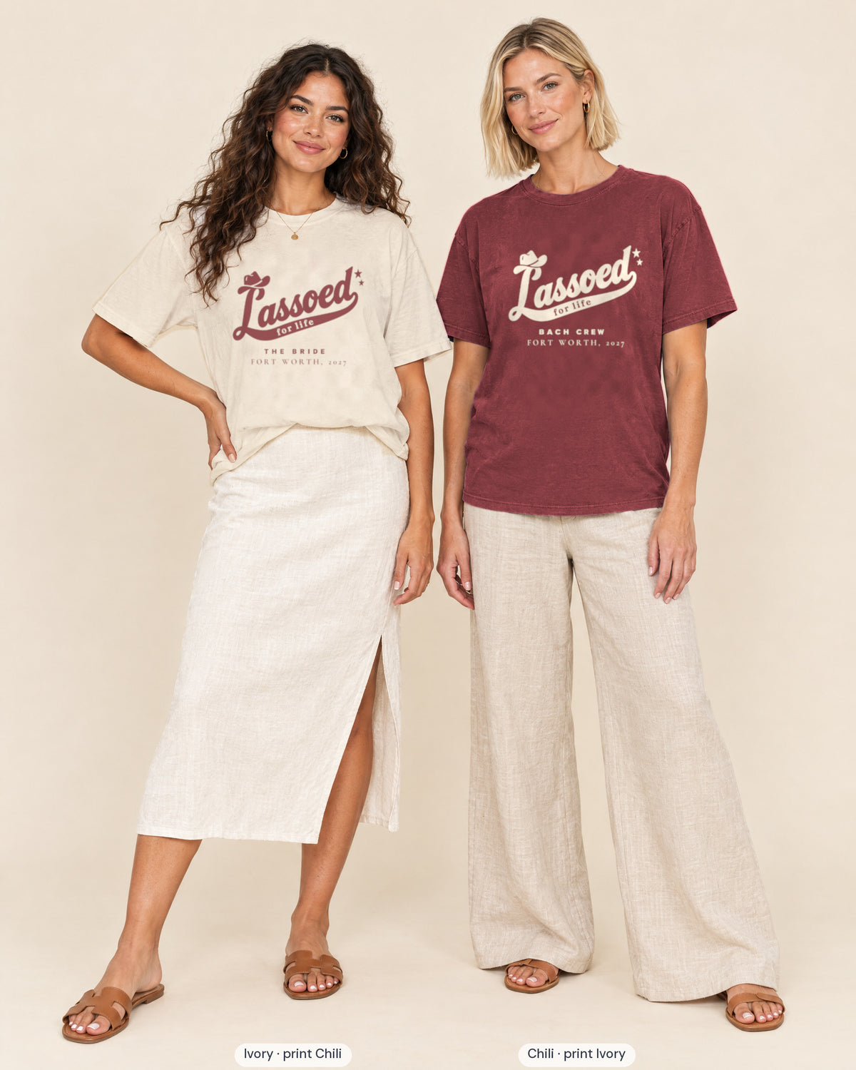 Ivory bride shirt printed in Chili next to a Chili crew shirt printed in ivory, Lassoed For Life tees