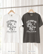 White bride shirt printed in Pepper next to a Pepper crew shirt printed in white, Last Knight Out tees
