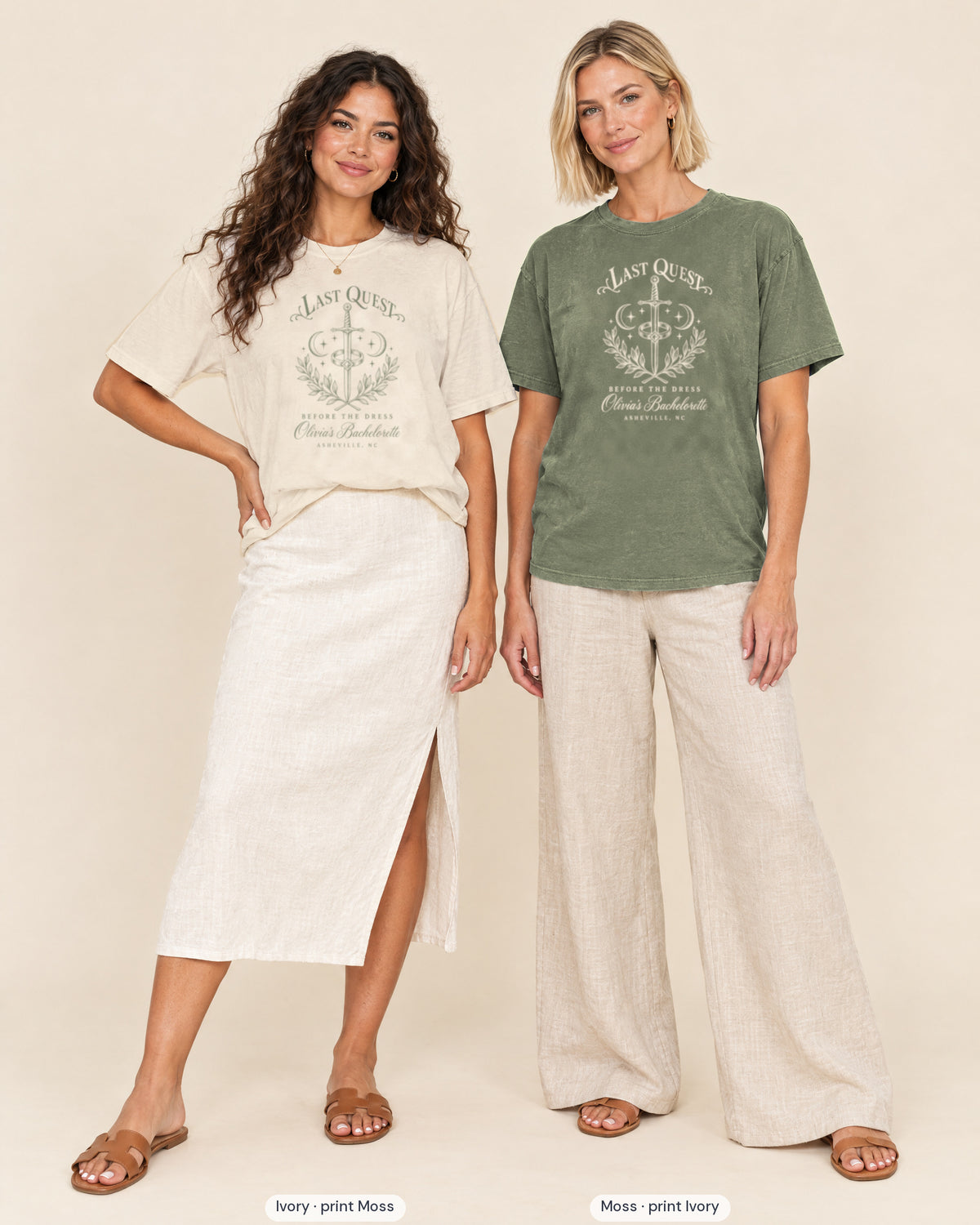 Ivory bride shirt printed in Moss next to a Moss crew shirt printed in ivory, Last Quest Before The Dress tees