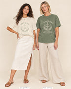 Ivory bride shirt printed in Moss next to a Moss crew shirt printed in ivory, Last Quest Before The Dress tees