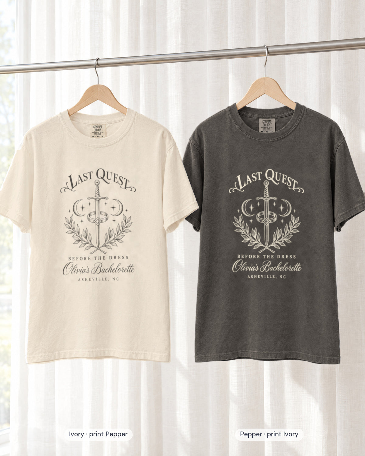 Ivory bride shirt printed in Pepper next to a Pepper crew shirt printed in ivory, Last Quest Before The Dress tees