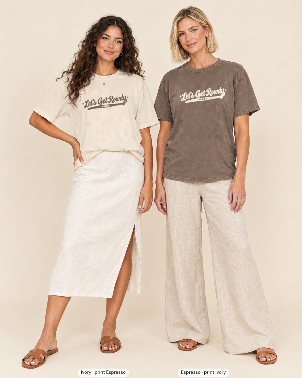 Ivory bride shirt printed in Espresso next to a Espresso crew shirt printed in ivory, Let's Get Rowdy tees
