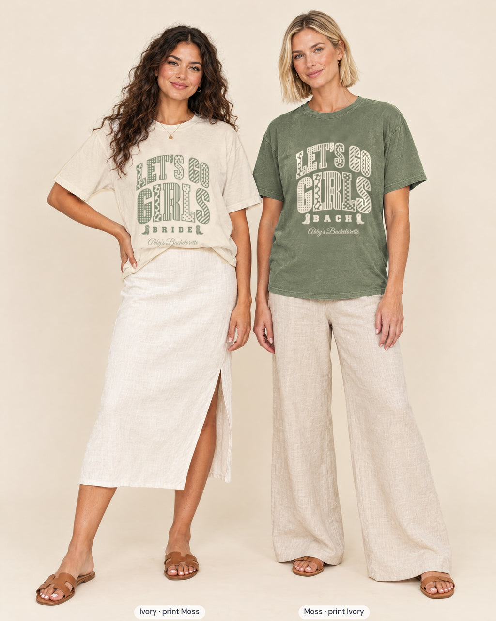Ivory bride shirt printed in Moss next to a Moss crew shirt printed in ivory, Let's Go Girls tees