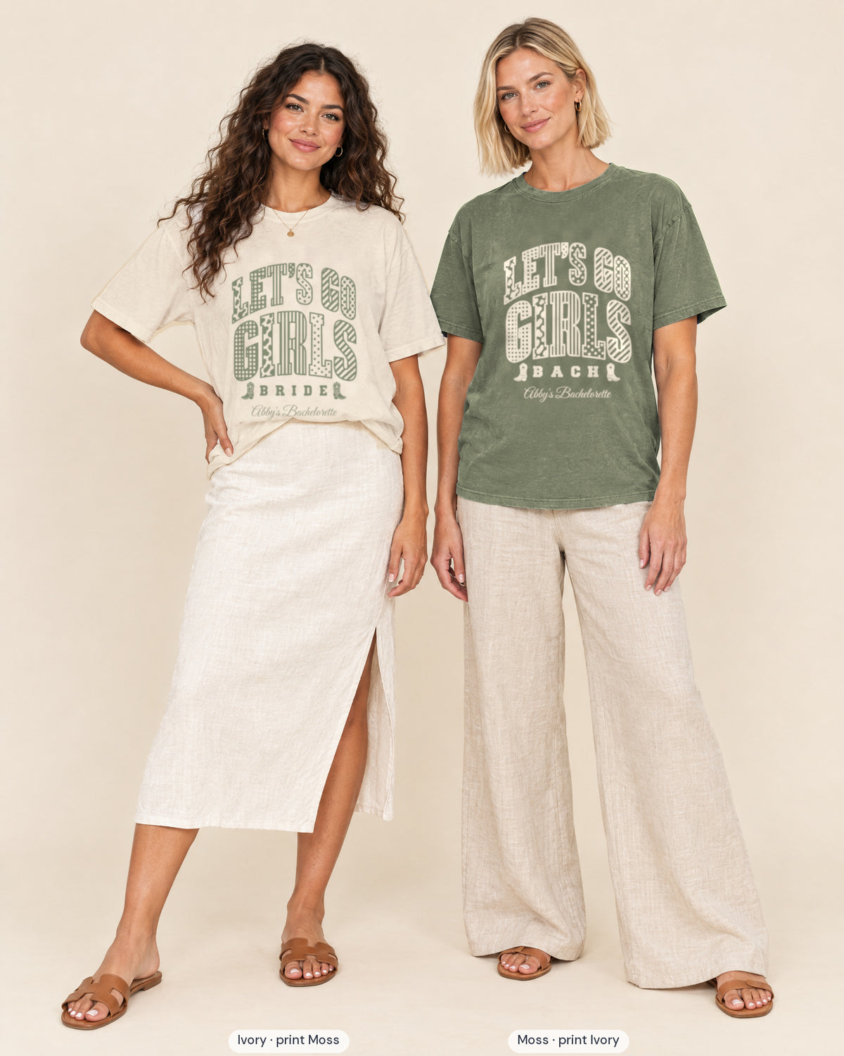 Ivory bride shirt printed in Moss next to a Moss crew shirt printed in ivory, Let's Go Girls tees
