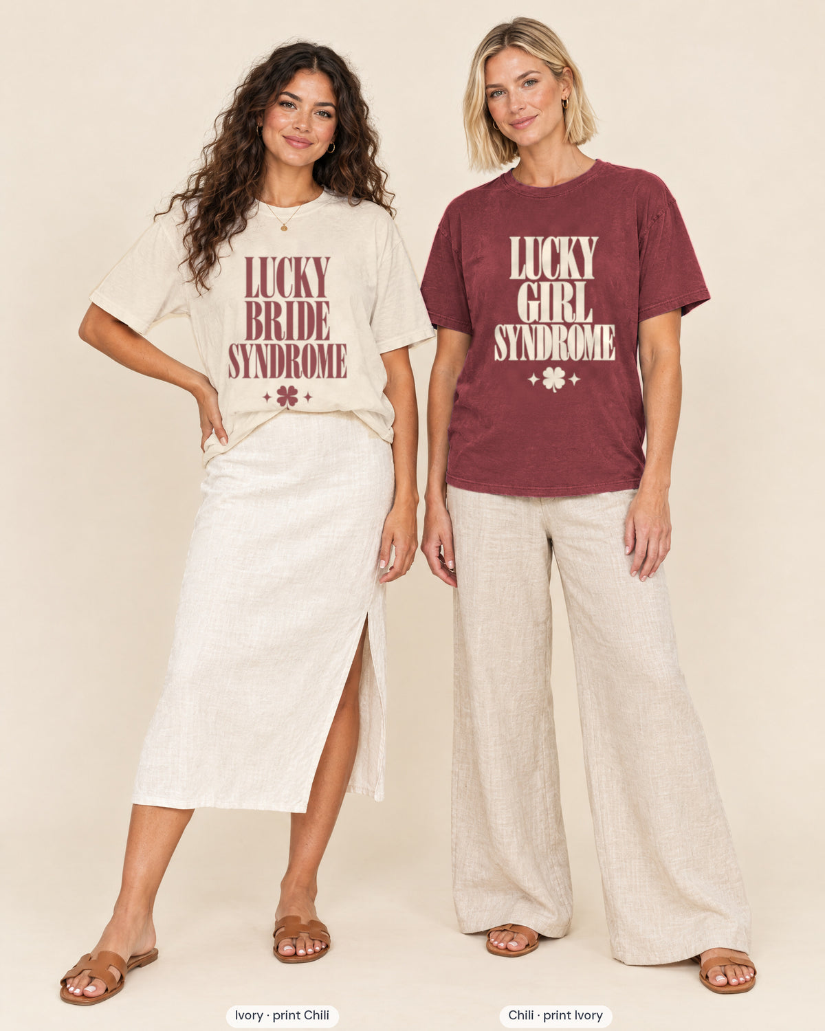 Ivory bride shirt printed in Chili next to a Chili crew shirt printed in ivory, Lucky Bride & Lucky Girl Syndrome tees