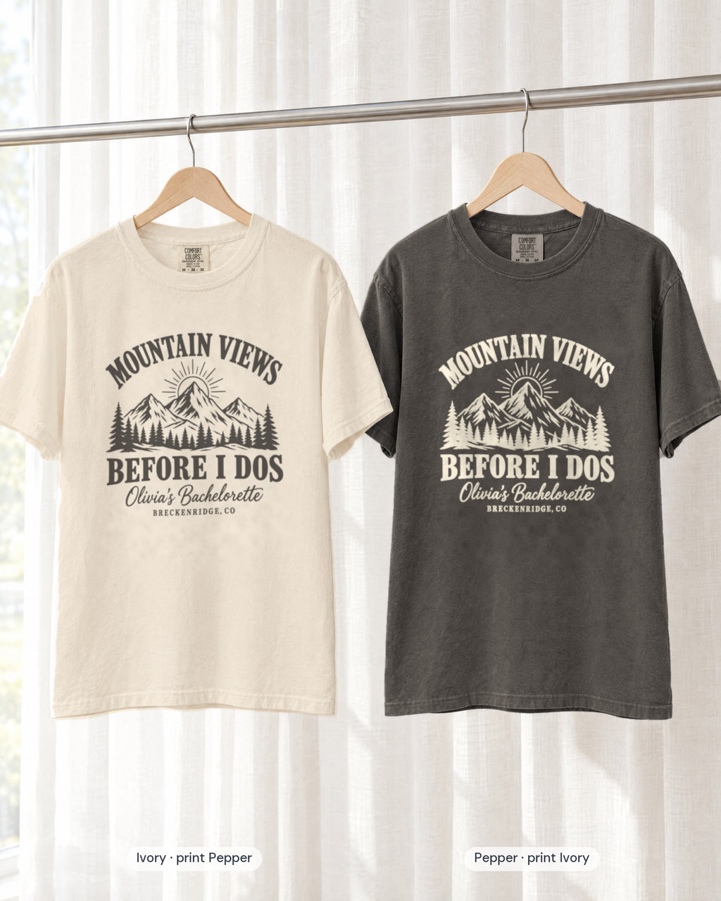 Ivory bride shirt printed in Pepper next to a Pepper crew shirt printed in ivory, Mountain Views Before I Dos tees