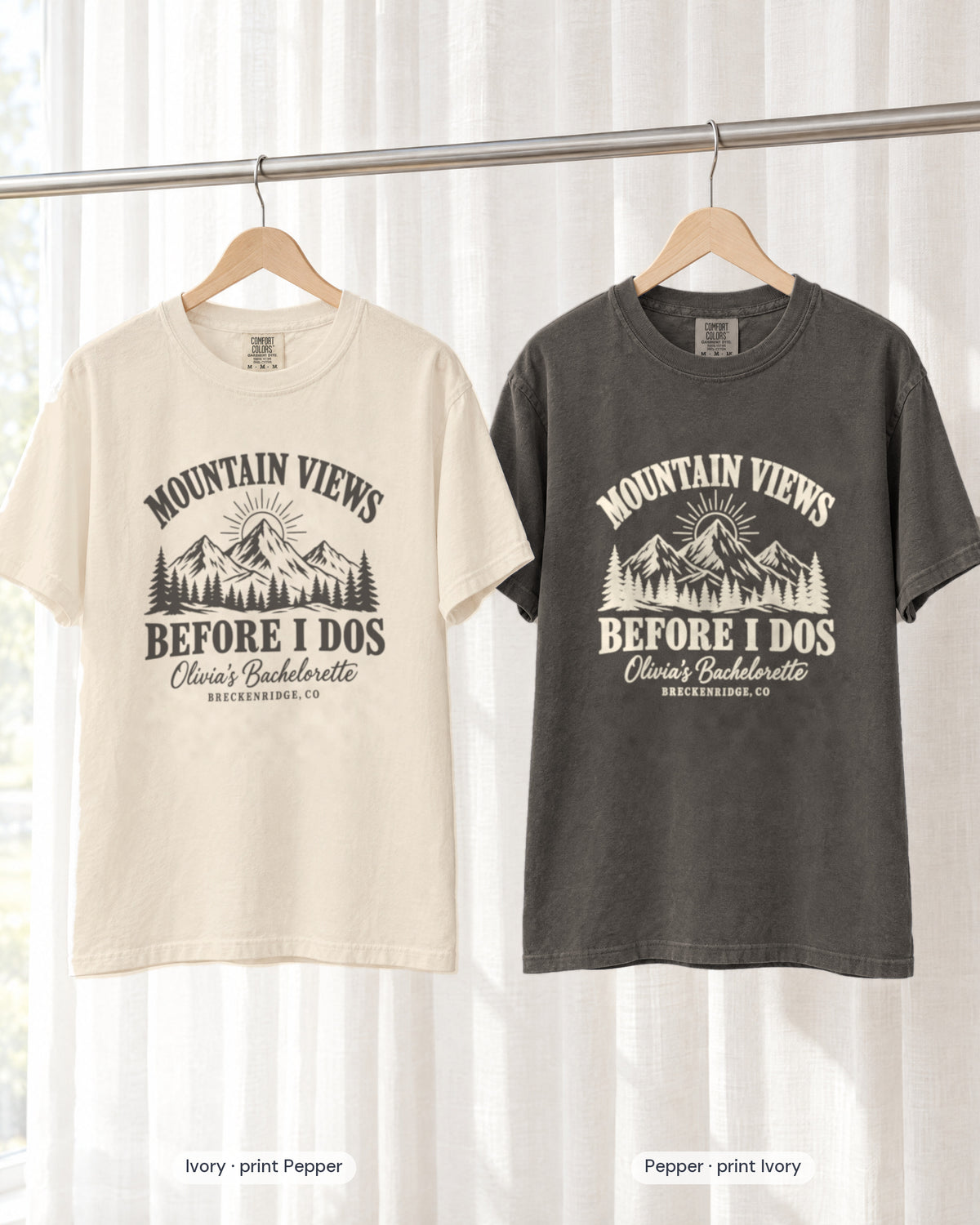Ivory bride shirt printed in Pepper next to a Pepper crew shirt printed in ivory, Mountain Views Before I Dos tees