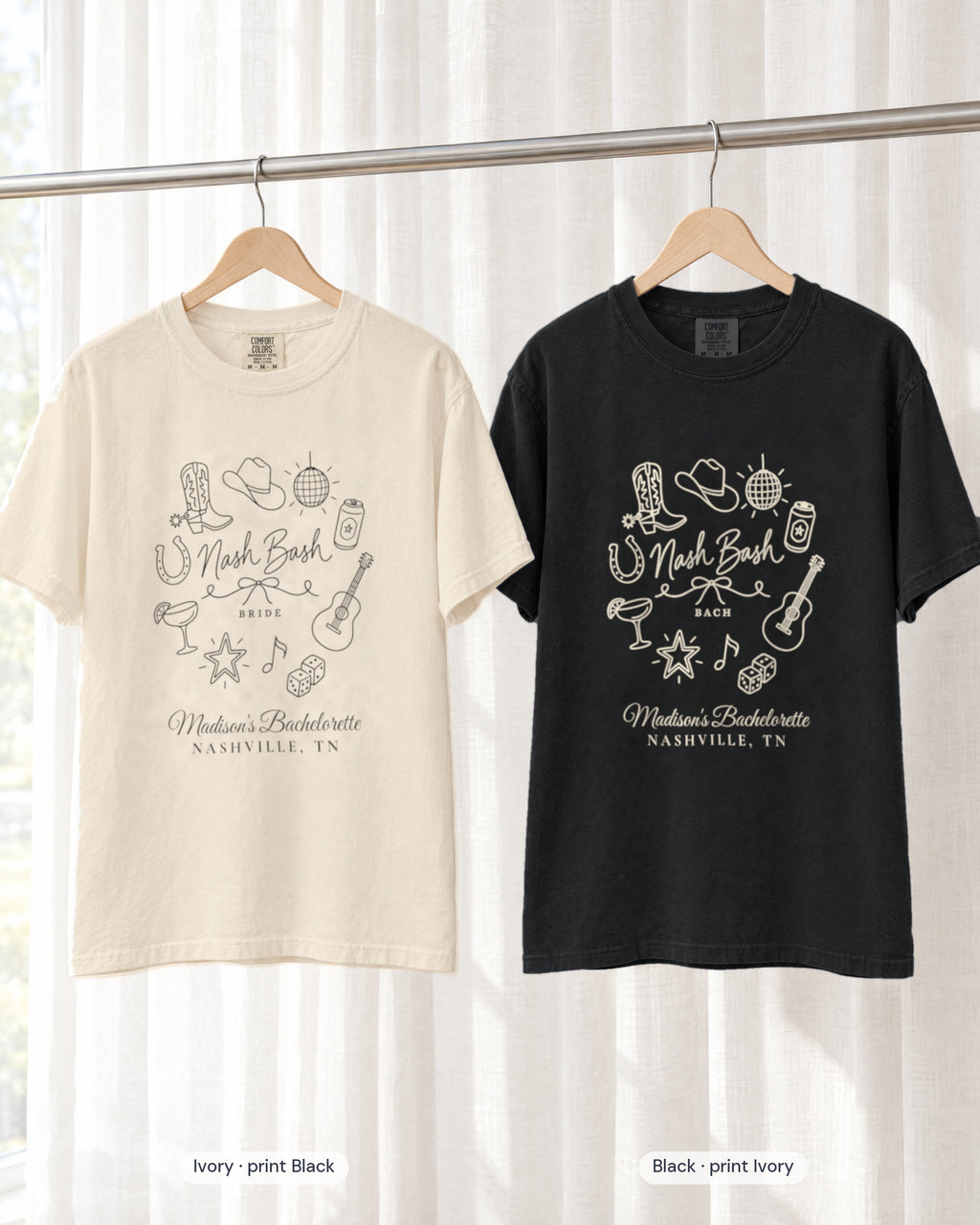 Ivory bride shirt printed in Black next to a Black crew shirt printed in ivory, Nash Bash tees