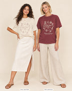 Ivory bride shirt printed in Chili next to a Chili crew shirt printed in ivory, Nash Bash tees