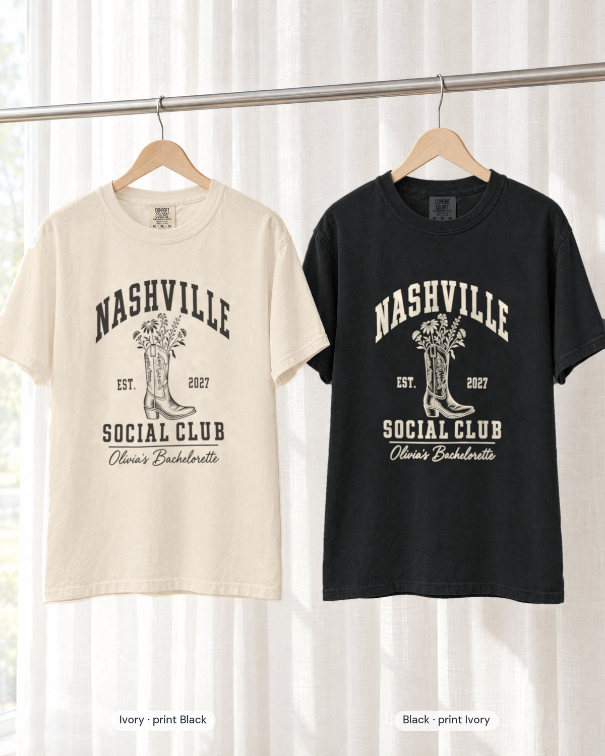Ivory bride shirt printed in Black next to a Black crew shirt printed in ivory, Nashville Social Club tees