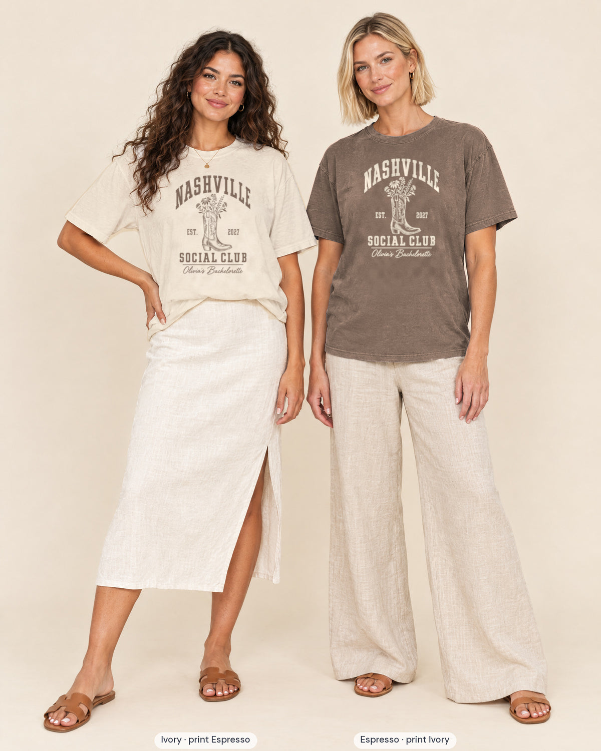 Ivory bride shirt printed in Espresso next to a Espresso crew shirt printed in ivory, Nashville Social Club tees